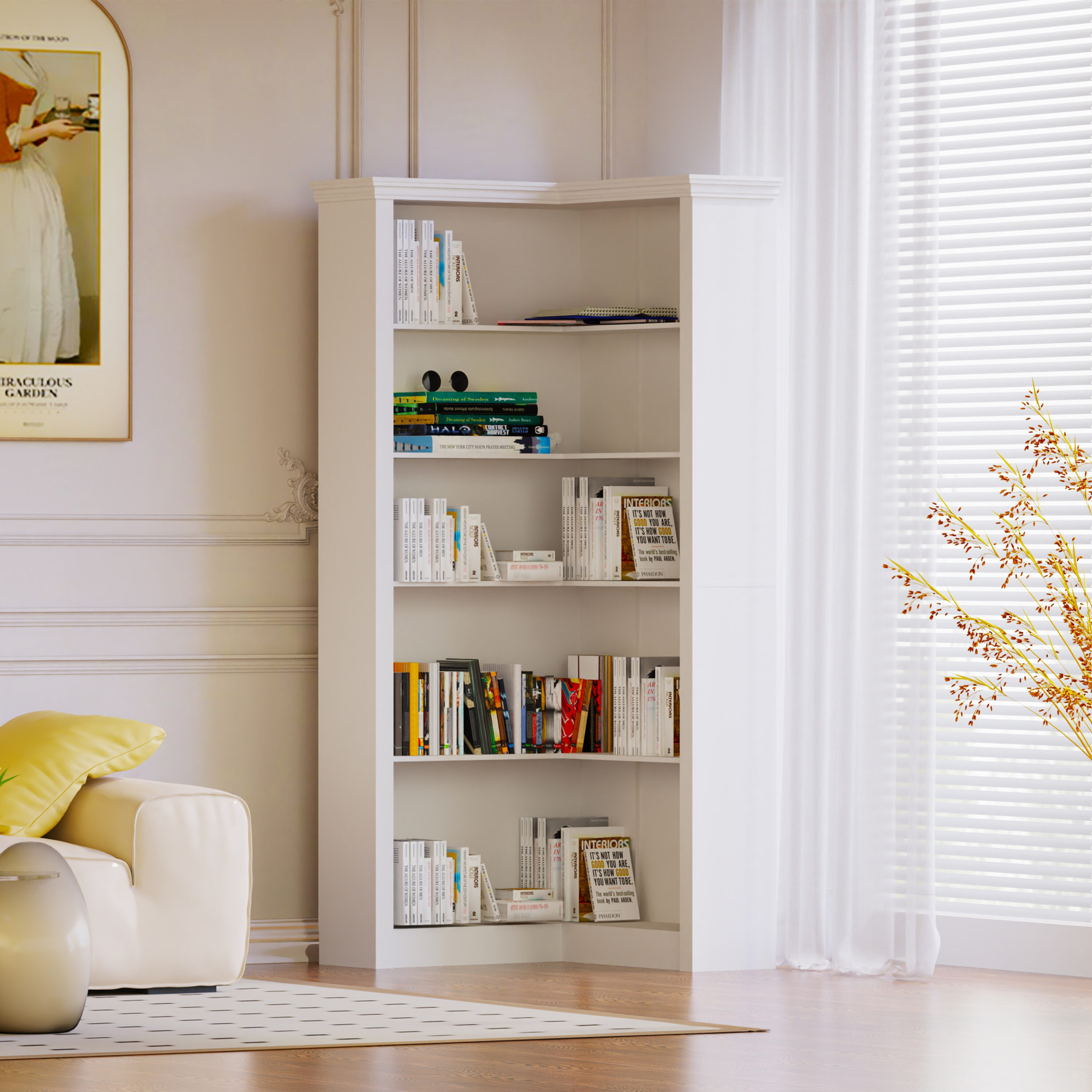 LOVMOR SF-Y-W3062P289213 Corner bookshelf 5 tier open bookshelf good texture sturdy and durable high environmental protection storage display reading one stop meet bedroom living room study the essential bookshelf.