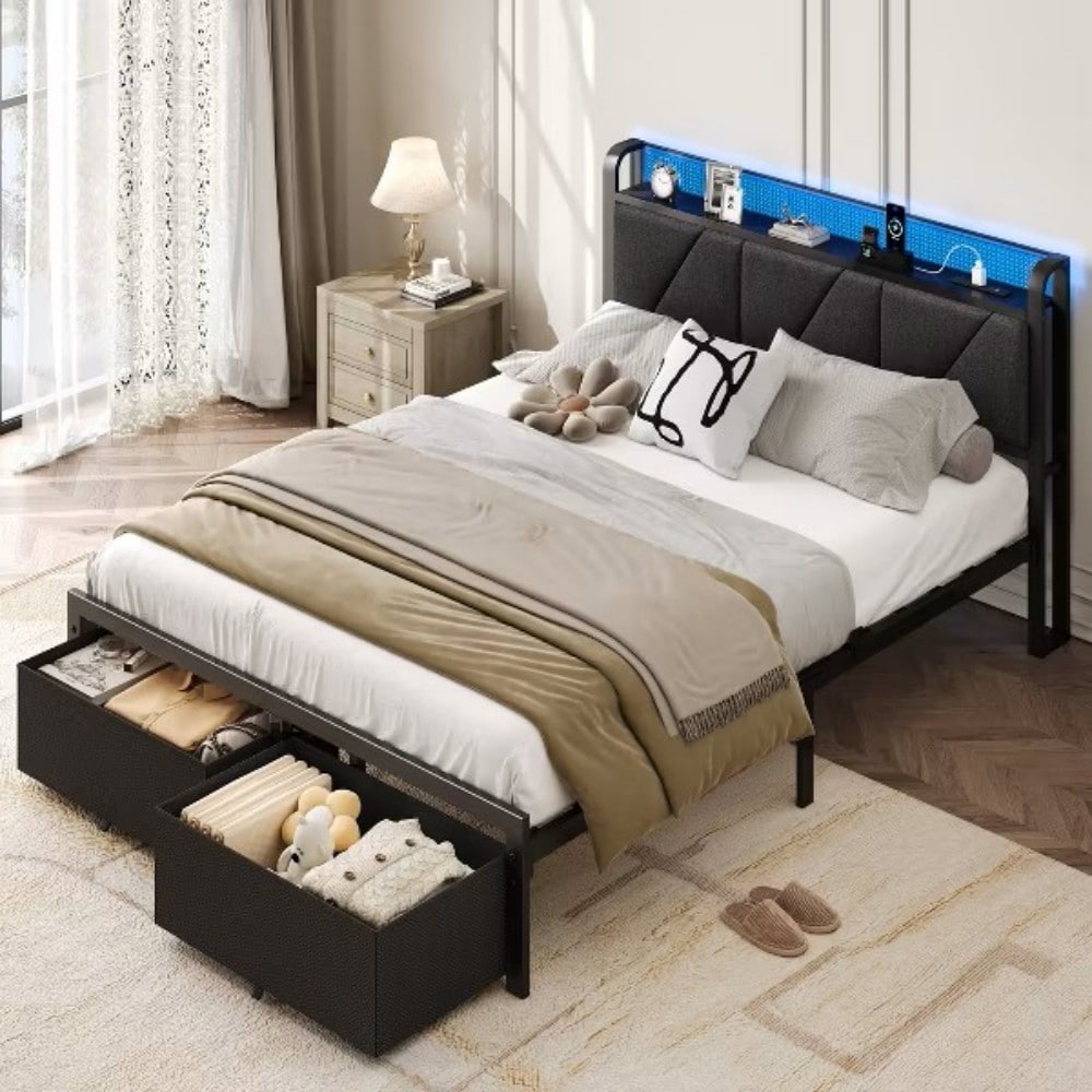 Furologee Full Size Bed Frame with 2 Storage Drawers and Upholstered Storage Headboard Metal Platform Bed with Charging Station and LED No Box Spring Needed