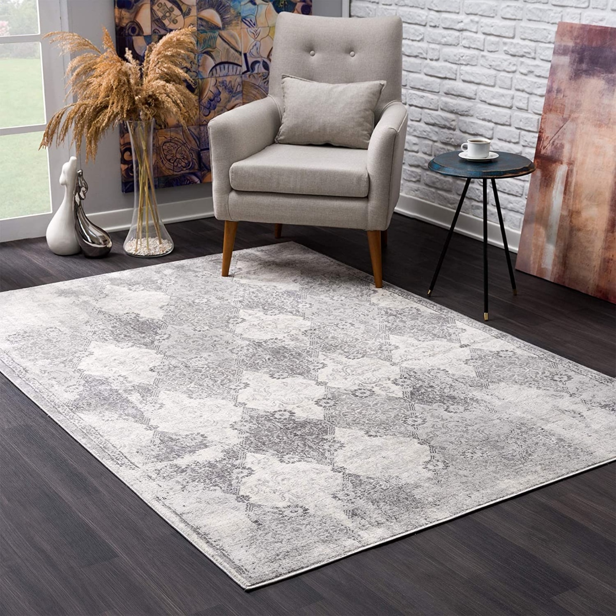 HomeRoots 4000390199 2 x 13 (ft) Loomed Polypropylene Grey Rectangular Indoor Damask Runner rug