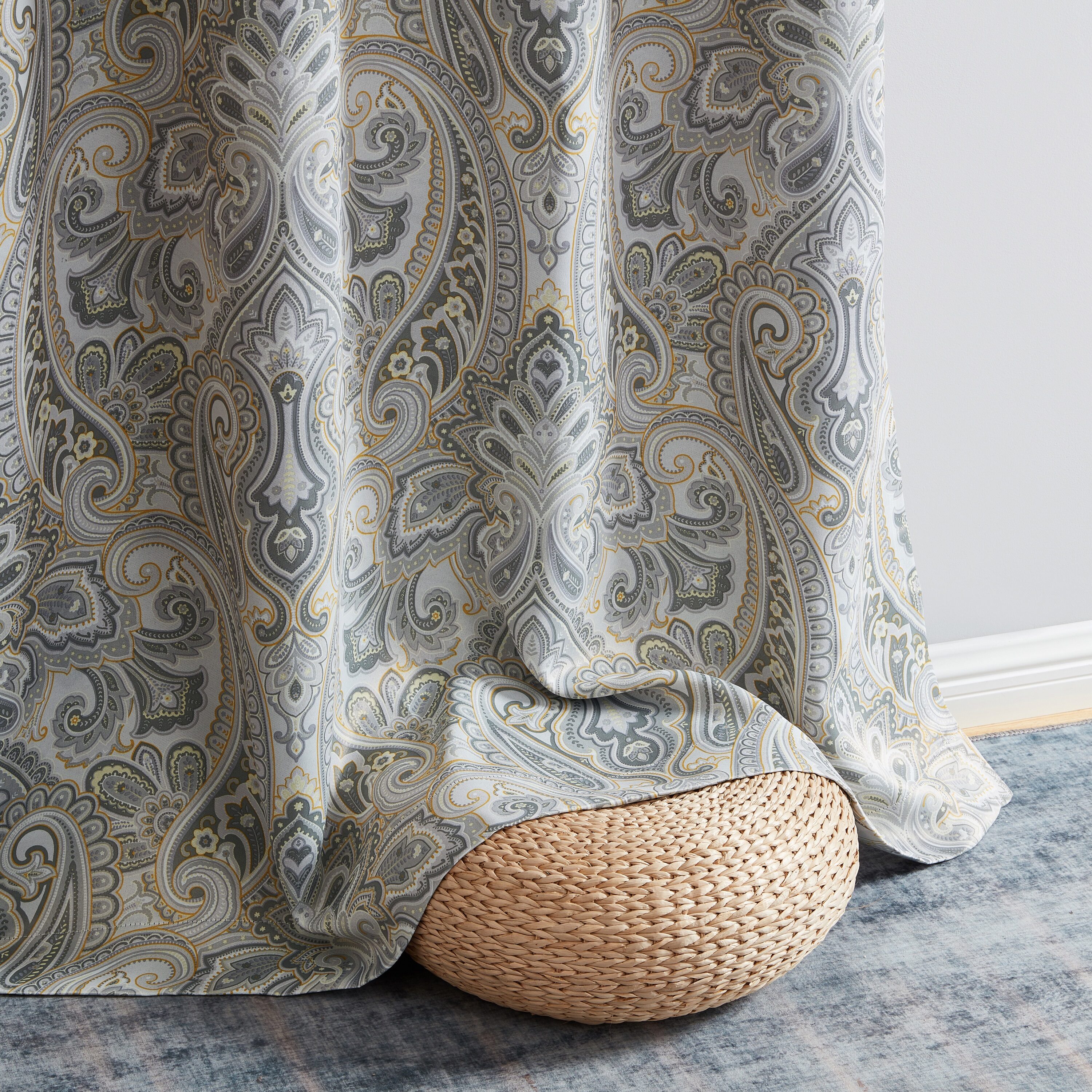 Grey Yellow Paisley Damask Blackout Grommet Window Panels