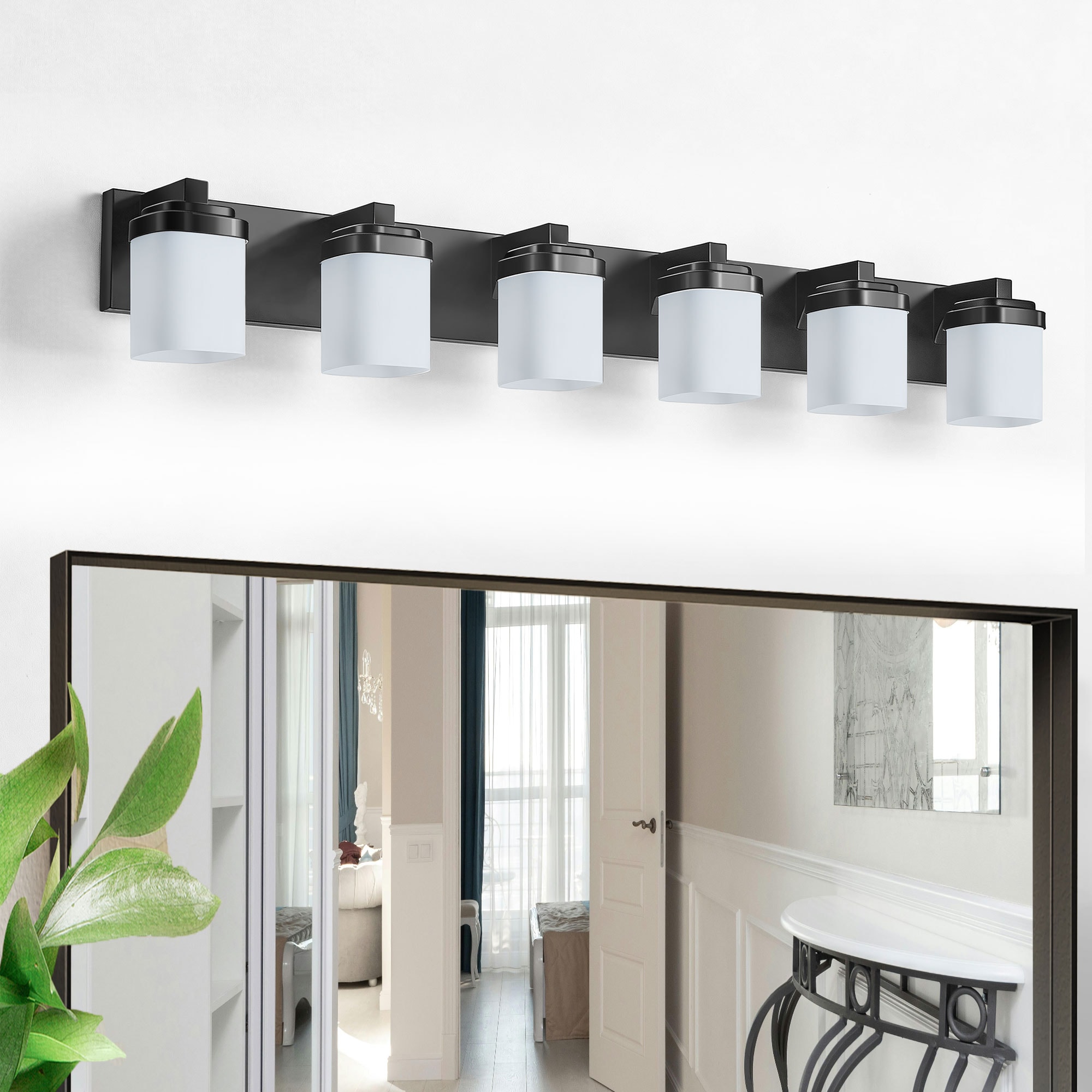 LOBREG  Matte Black Dimmable Bathroom Vanity Light 43 in 6 Lights Wall Light with White Square Glass Shade E26 Bulbs Base