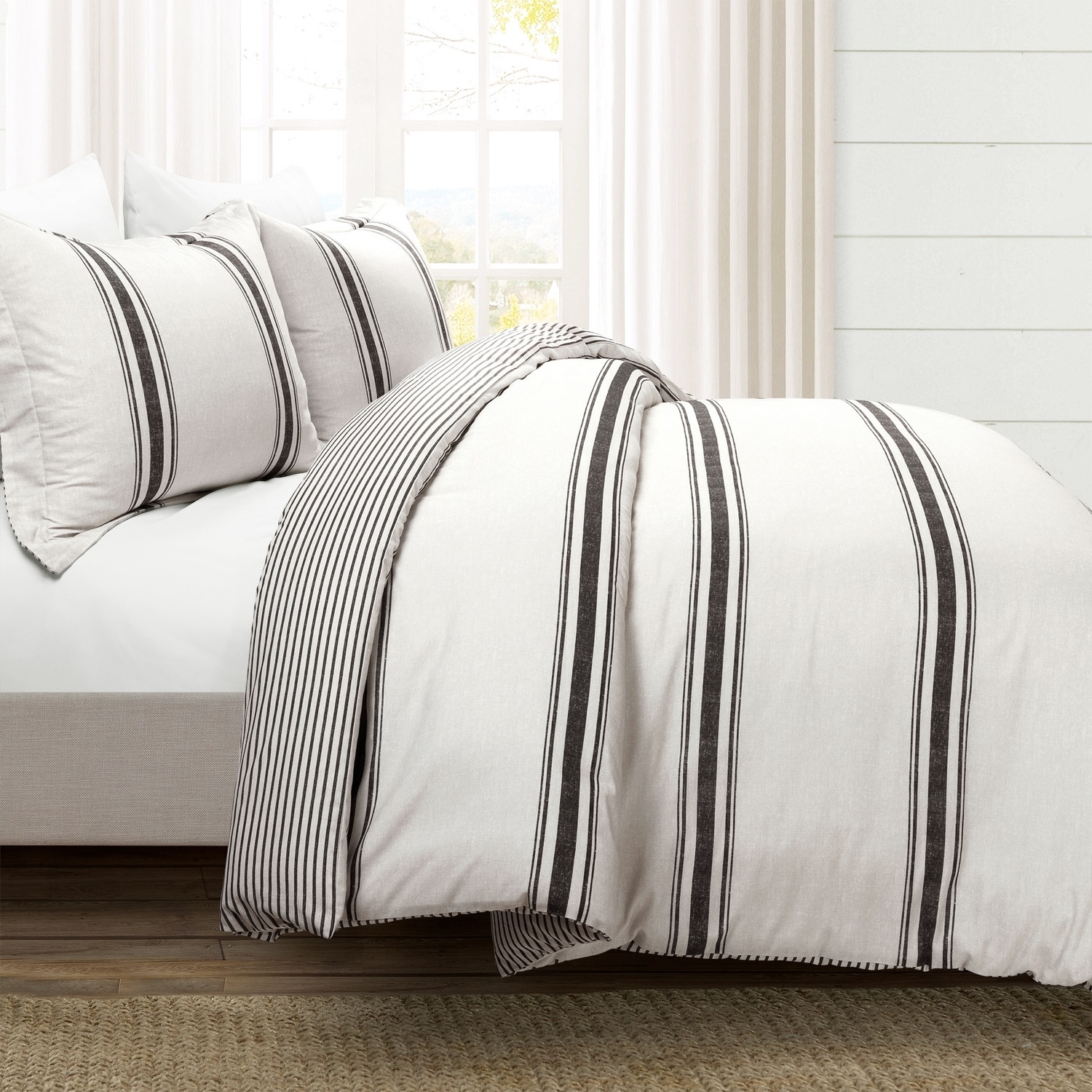 Farmhouse Stripe Reversible Cotton Queen Duvet Cover Set