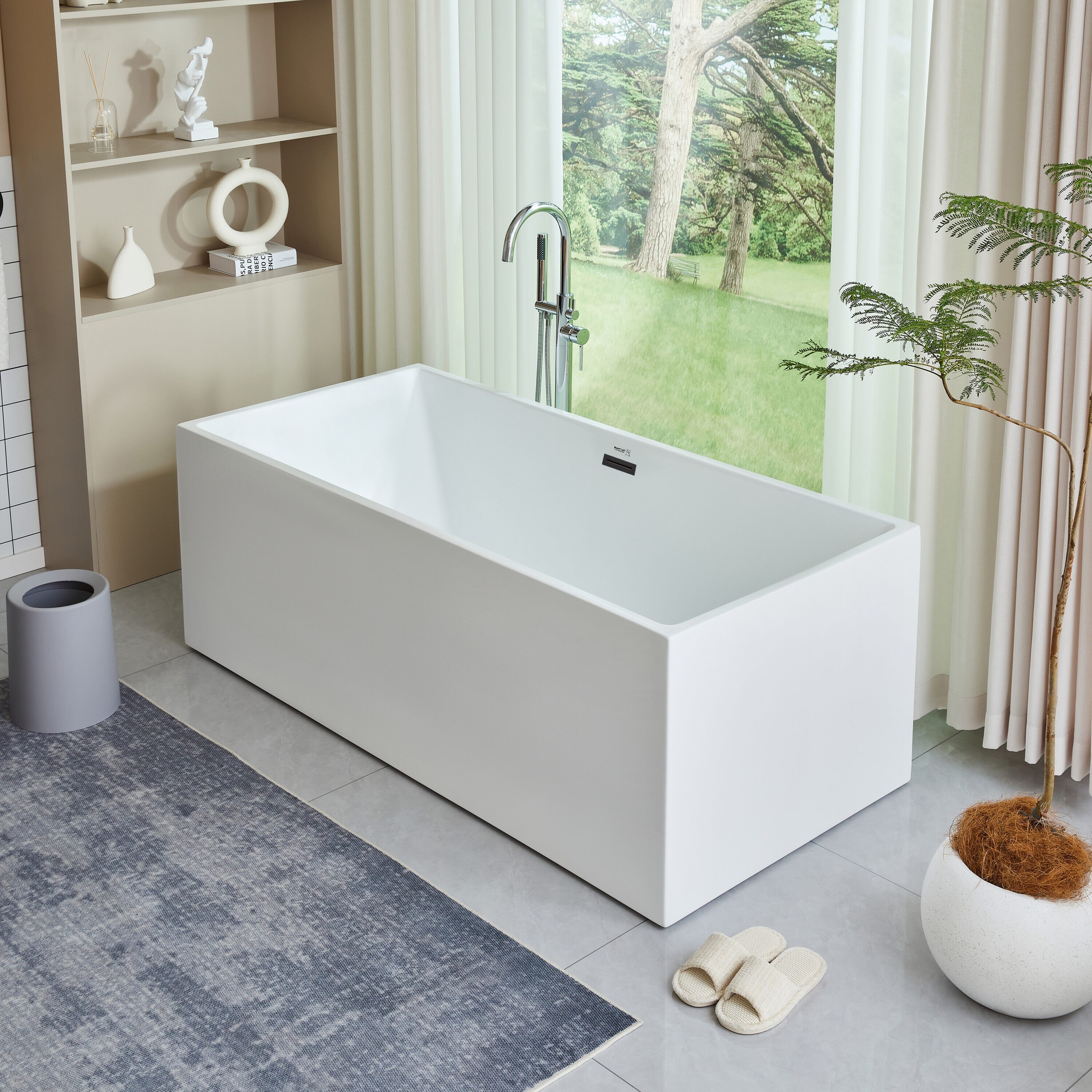 White Acrylic Freestanding Soaking Bathtub with Matte Black Trim