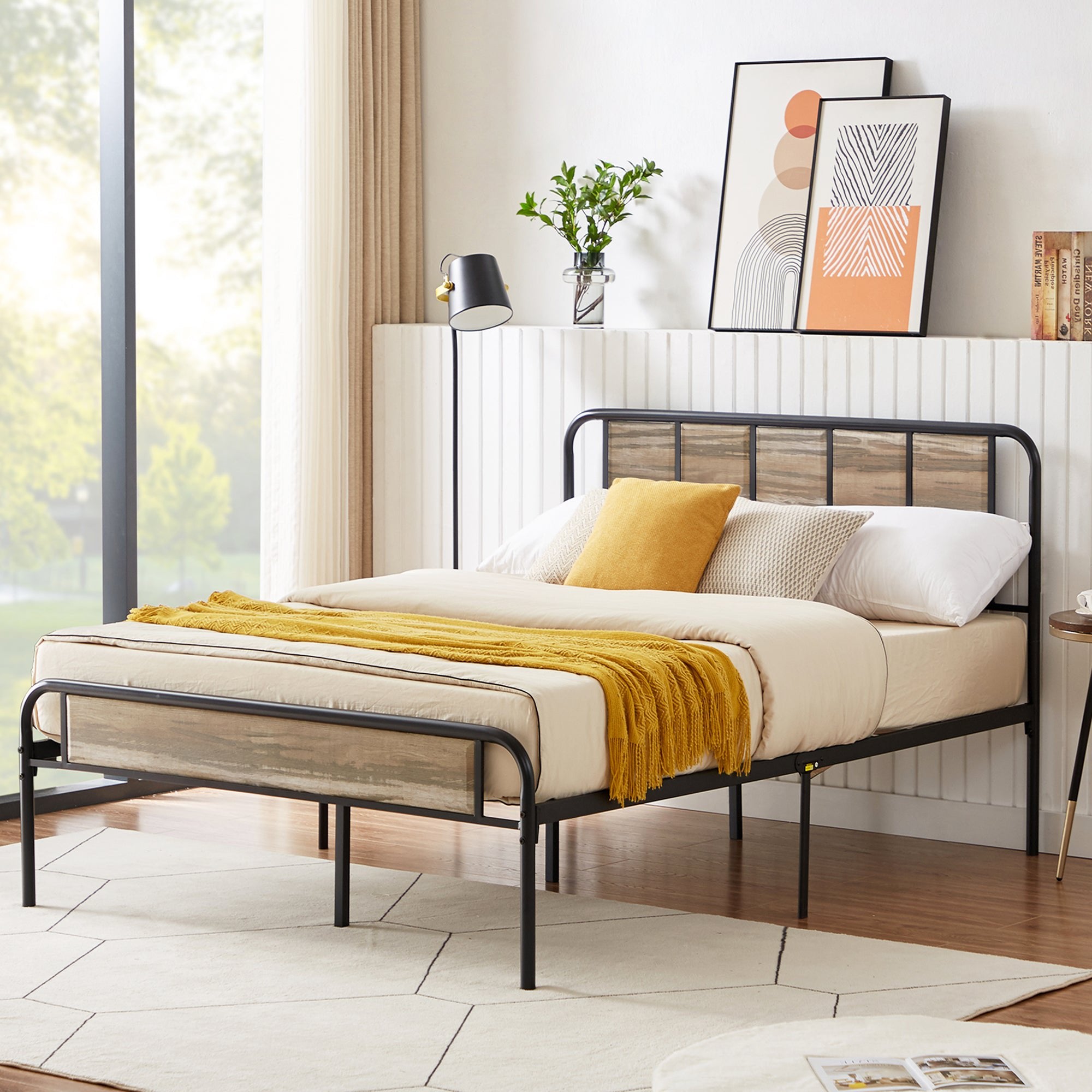 Vecelo LOE-BTJ-MBQ07-SLT Queen Size Bed Frame Platform with Headboard and Footboard Heavy Duty Steel Slats Support Easy Assembly Slate Color