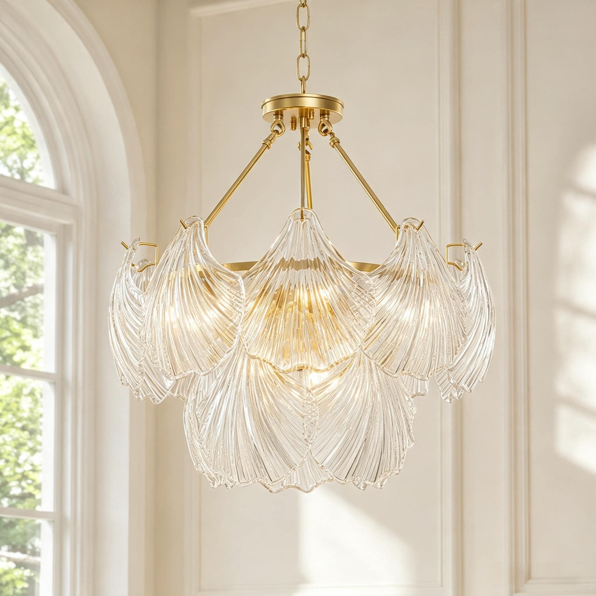 Rennnsan Deacon Tiered Shell Glass Convertible Semi-Flush Mount Light 9 -Light Brass Clear glass Metal Chandelier