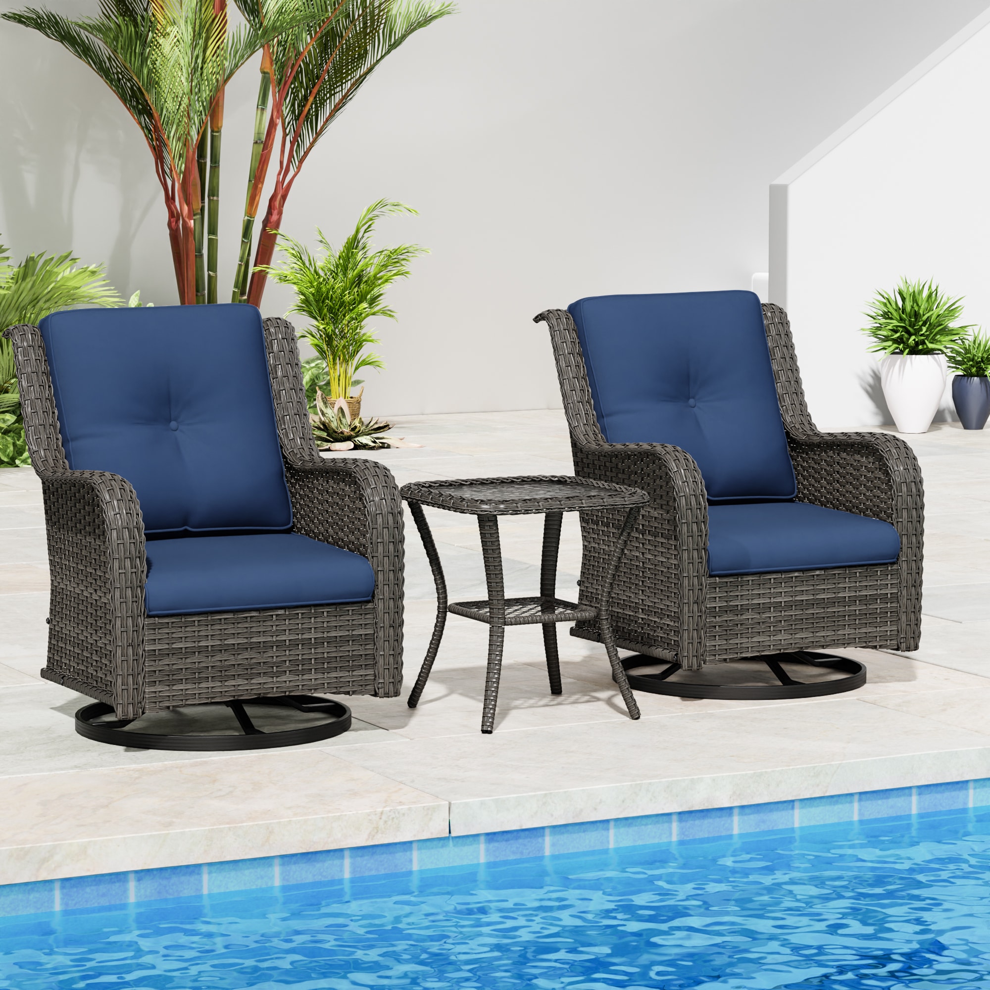 Gardenbee HGL-M01-BLU 3-Piece Wicker Patio Conversation Set with Blue Cushions