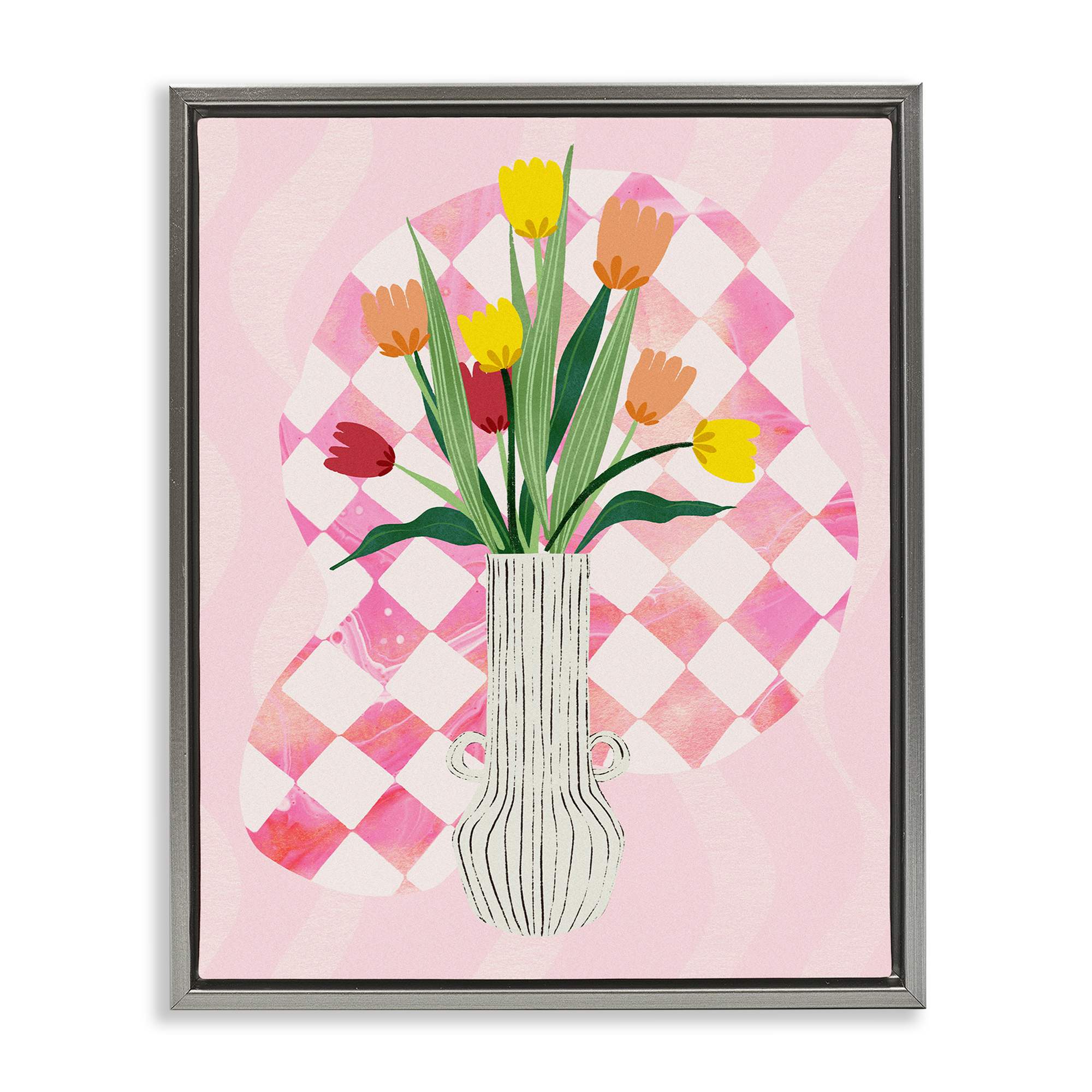 Stupell Industries BT-188-FFL-16X20 Yellow Tulip Vase on Checkered Gray Framed Floater Canvas Wall Art By Ziwei Li 17 x 21