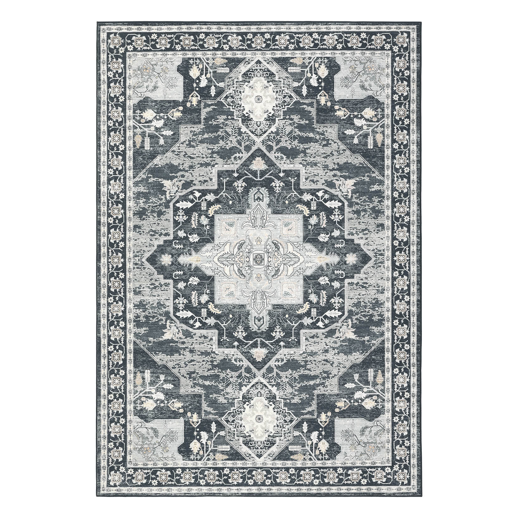 Qeetex LSN-PHO-15H7LXAS 8 x 10 ft Polyester Imitation Cashmere Black Rectangular Hallway Bathroom Entryway Kitchen Office Foldable Flower Printed Persian Washable Area Rug