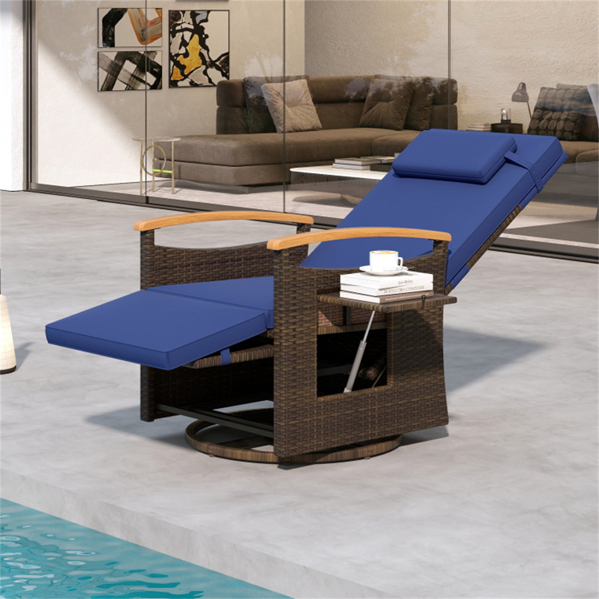 BABOOM BOM-72726NY-CO Patio Rattan Swivel Recliner Wicker Mix Brown Rattan Frame Swivel Recliner Chair with Navy Cushioned Seat
