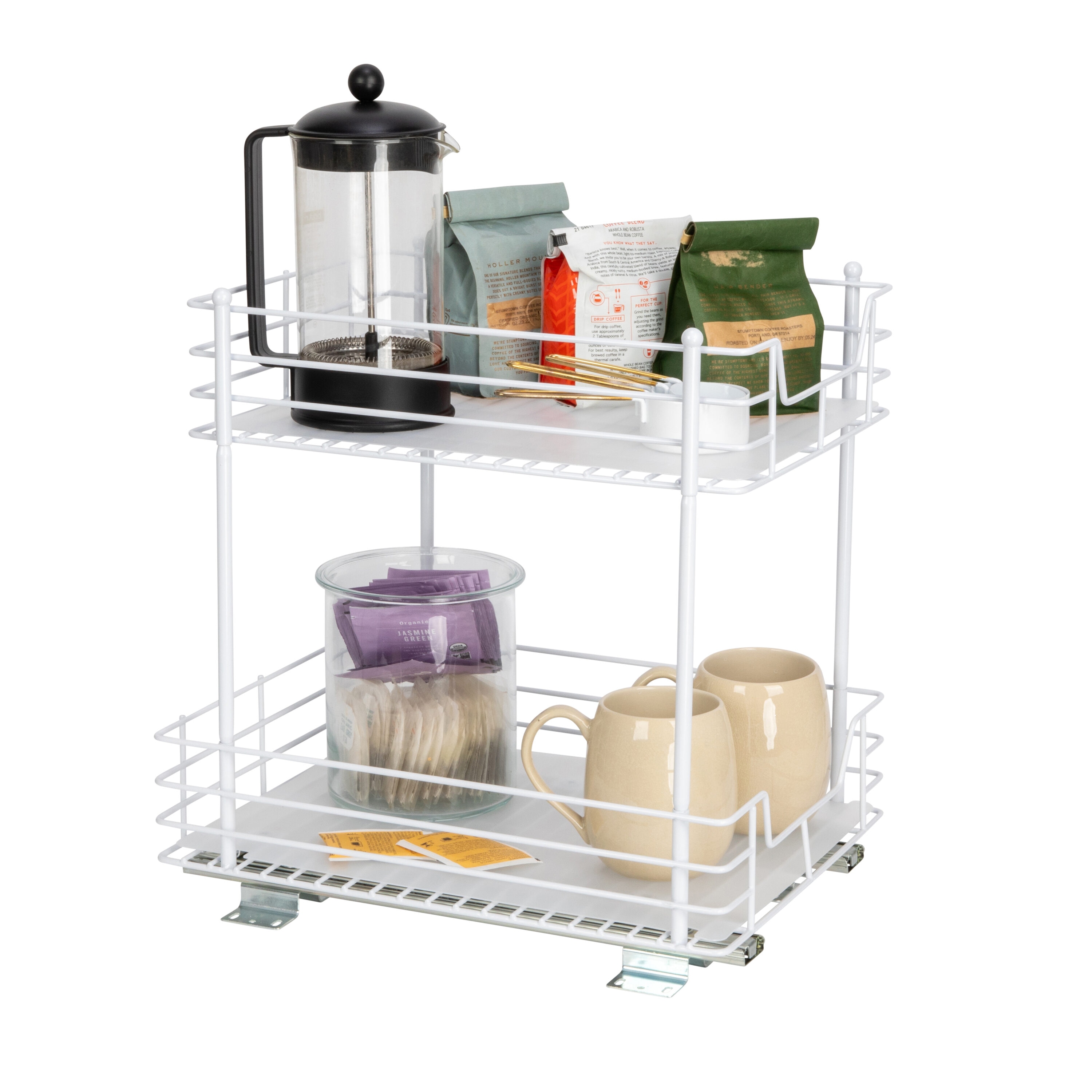 Household Essentials Glidez Steel PullOut/SlideOut Storage Organizer with Plastic Liners for Under Cabinet or Wire Shelf Use  2 Tier Design  Fits Standard Size Cabinet or ShelfWhite