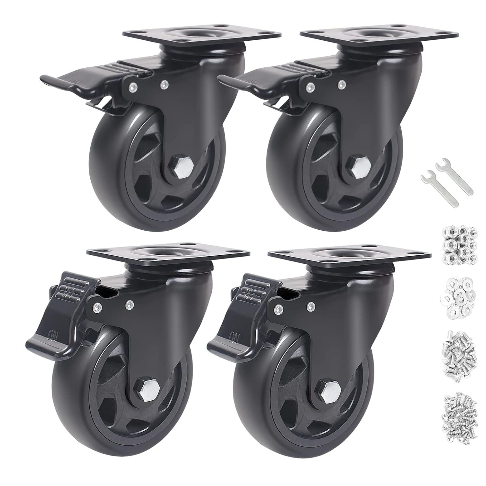 Numhew 4in W 4-Set Polyurethane Swivel Caster Wheels Double Ball Bearing Black Heavy Duty Plate Casters