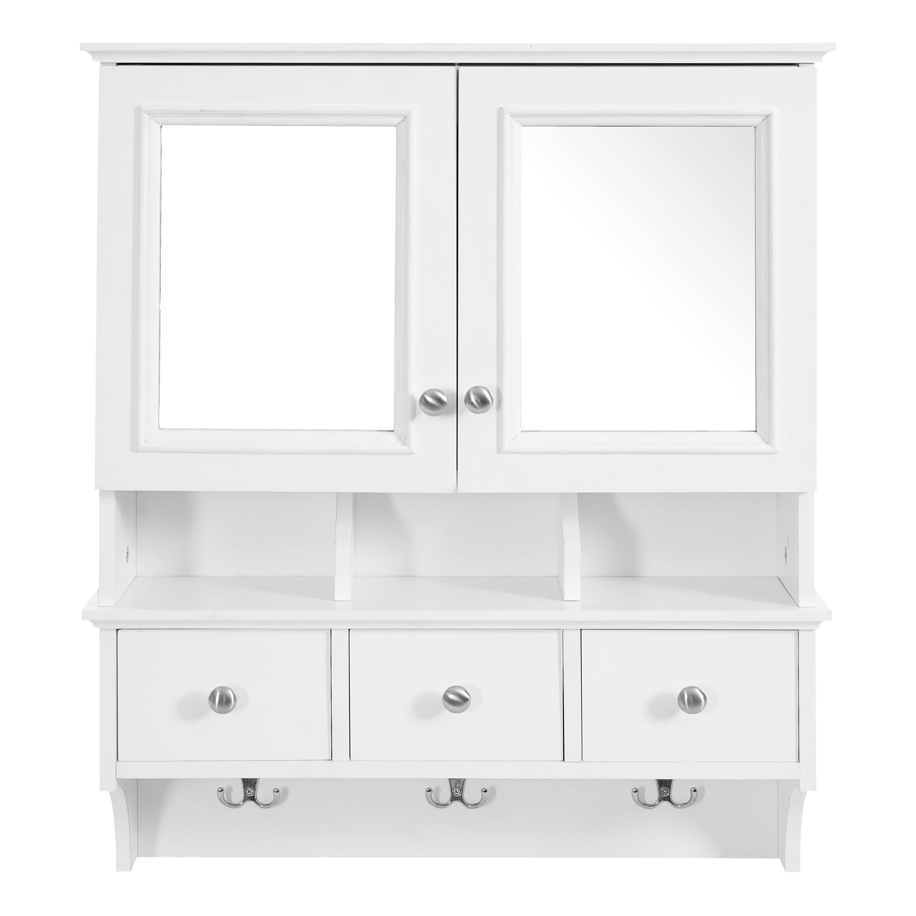 Rbied 24in 4-in-1 Bathroom Mirror Cabinet Wall Mounted with Drawers Organizer Hooks Vanity White