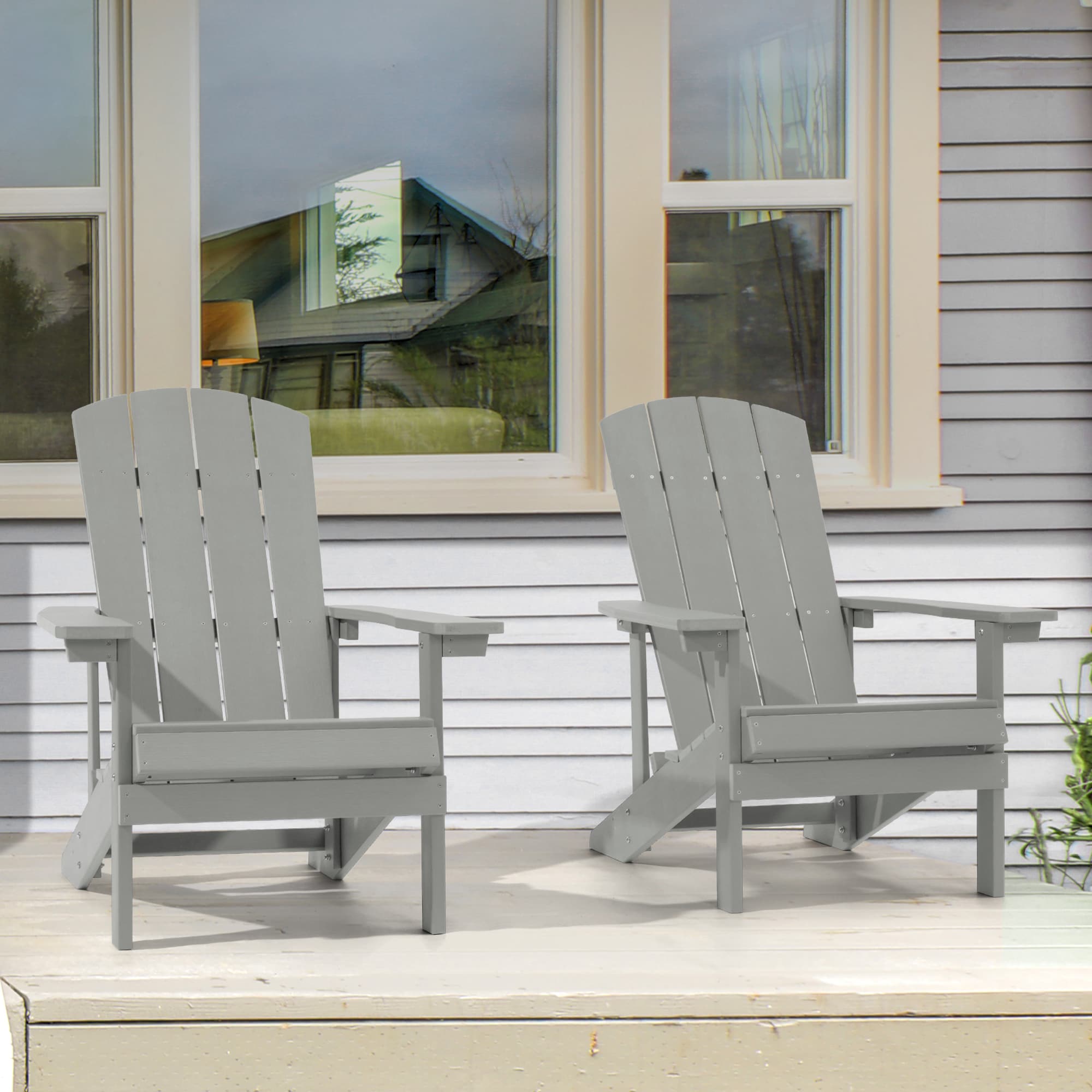 Sonkuki SD-AD-B7LY-2 Adirondack Chair Set of 2 Light Grey Plastic Frame Stationary Adirondack Chair with Gray Slat Seat