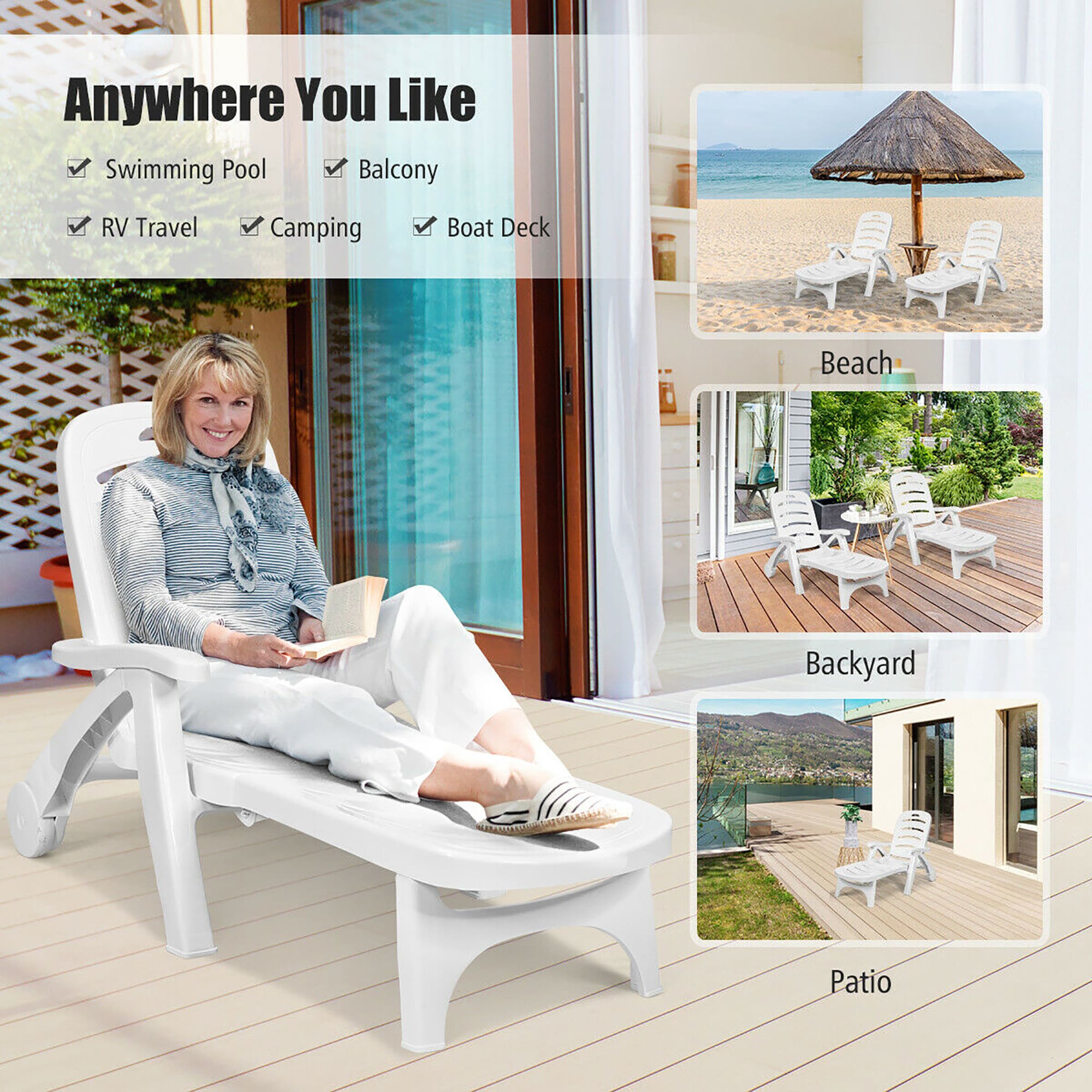 White Adjustable Folding Chaise Lounge Chair with Wheels