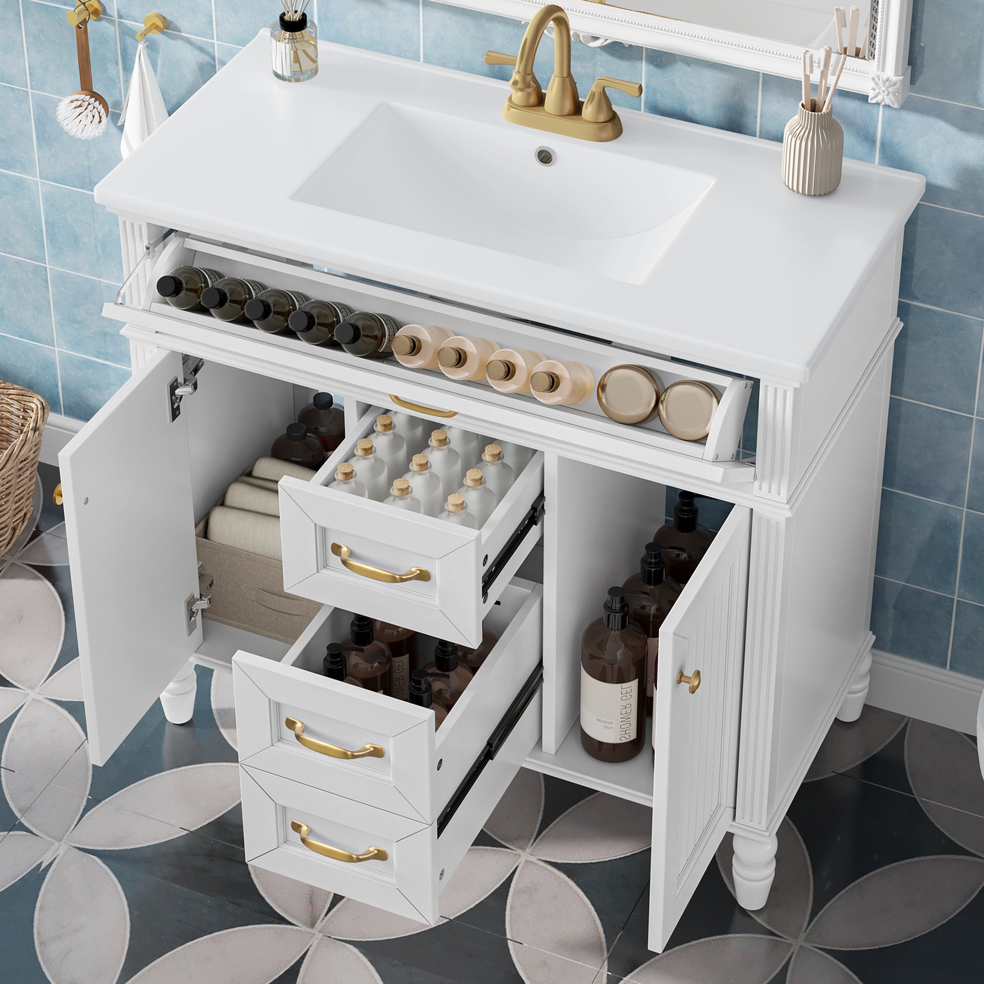 Afoxsos 36 inch White Freestanding Bathroom Vanity with Ceramic