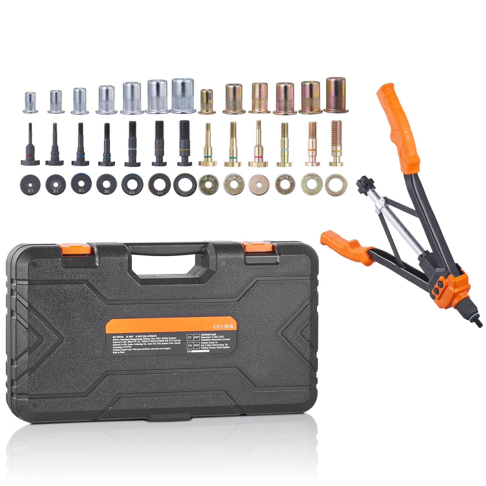 Mecale 16 in Semi-Automatic Rivet Nut Tool Kit with 13 Mandrels and 186 Rivet Nuts Black and Orange