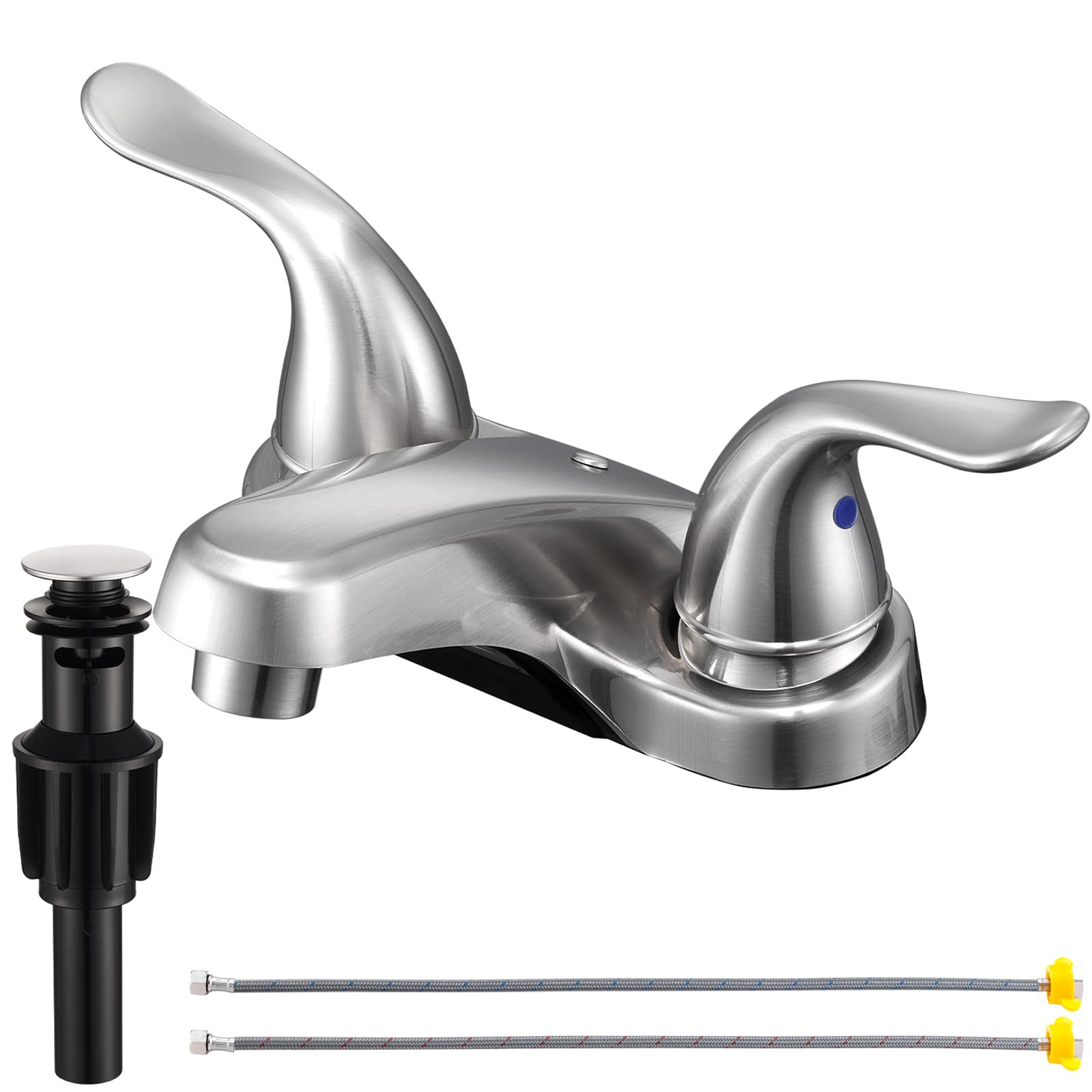 Wudkey - 1-Piece Dual Handles Bathroom Sink Faucet in Brushed Nickel Includes Pop-up Drain Supply...