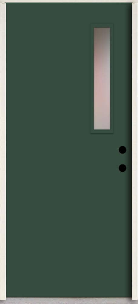 RELIABILT LO1063470 Spotlights 36-in x 80-in x 4-5/8-in Fiberglass 1/4 lite Left-hand inswing Evergreen Paint Painted Prehung Front Door Insulating core