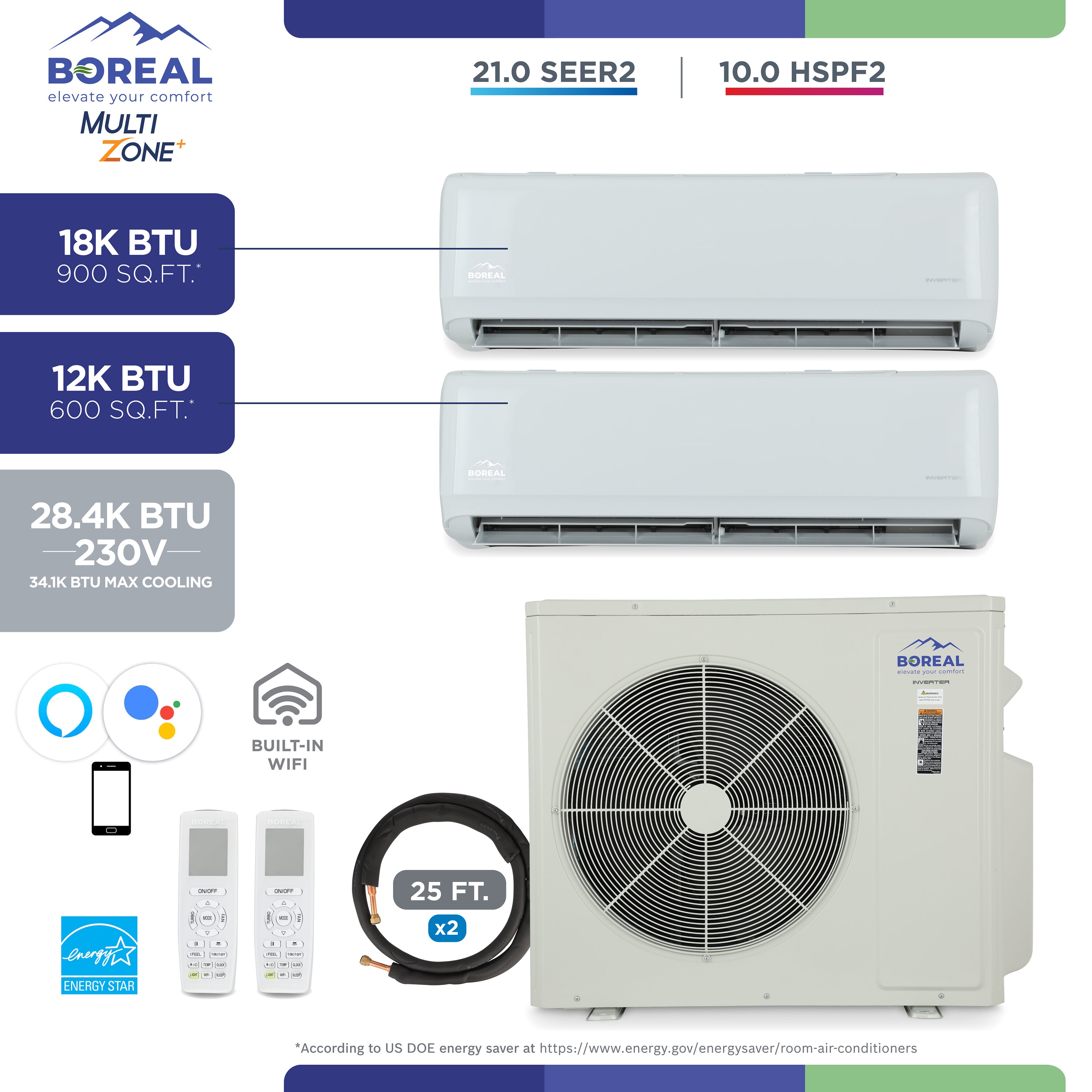 BOREAL MBRS30HP203 Multi-Zone Plus Dual Zone 34100-BTU 21 SEER Ductless Mini Split Air Conditioner Heat Pump Included with 25-ft Line Set 230-Volt