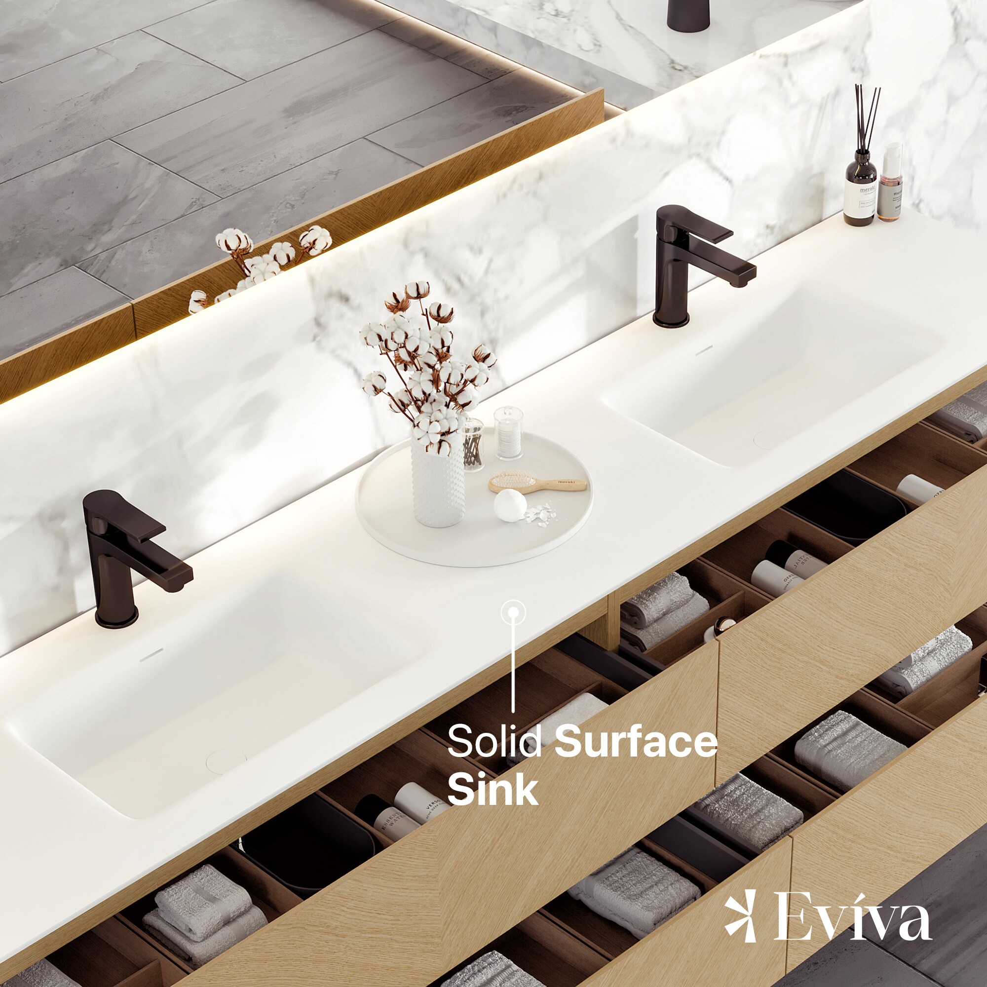 Eviva Bloom 48 in. W x 18 in. D x 34 in. H Double Sink Floating Bath Vanity in Natural Oak with White Porcelain Top