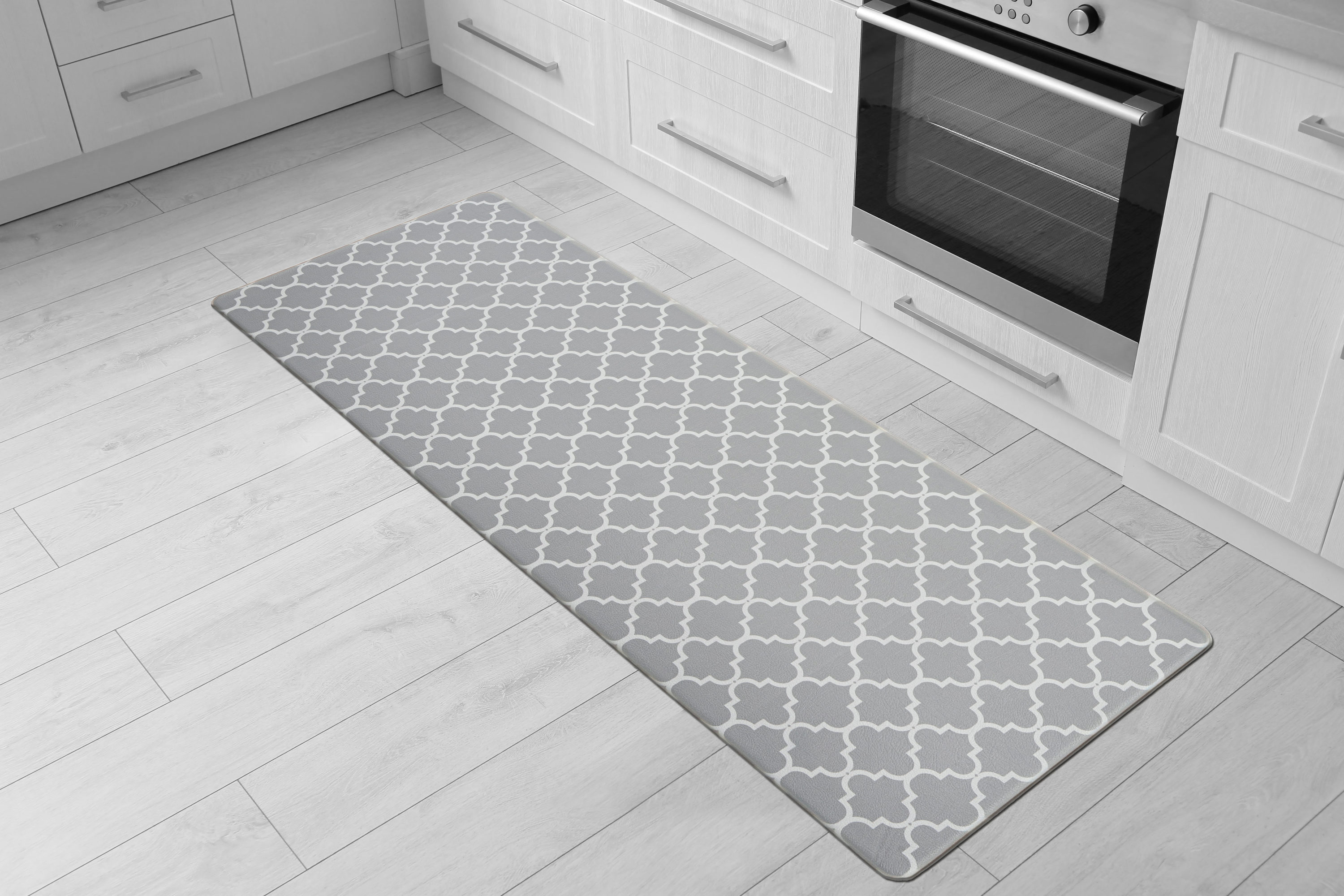 Gray and White PVC Modern Trellis Anti-Fatigue Mat 18" x 47"