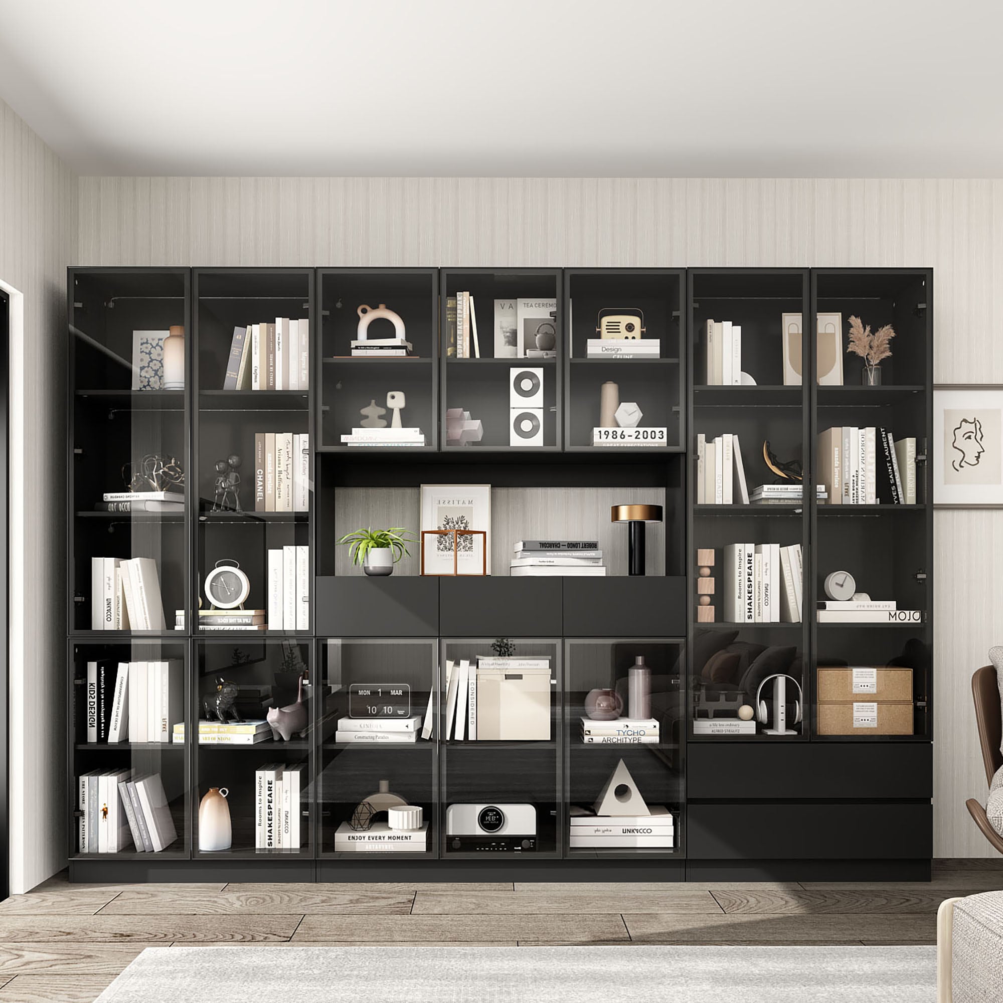 FUFU&GAGA KF020373+374+375L Black MDF 5 -Shelf Oversized set Bookcase with Doors ( 110.2-in W x 78.7-in H x 14.2-in D ) Finished