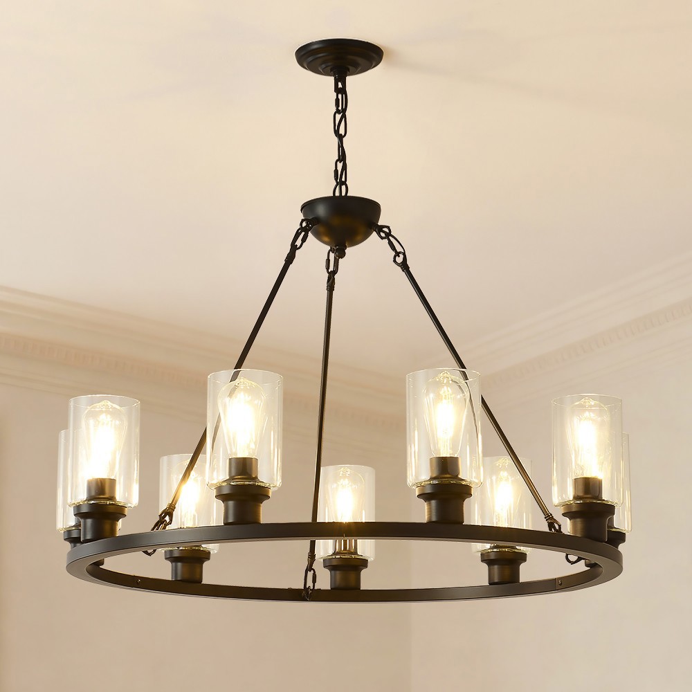 Basdien 34 in Matte Black Wood Wagon Wheel Chandelier 9 Light Bulbs Not Included E26 Base Farmhouse for Living Room Dining Room Kitchen Adjustable Height 3 Chains Easy Install Home Decor Rustic Seeded Glass Industrial Country Style