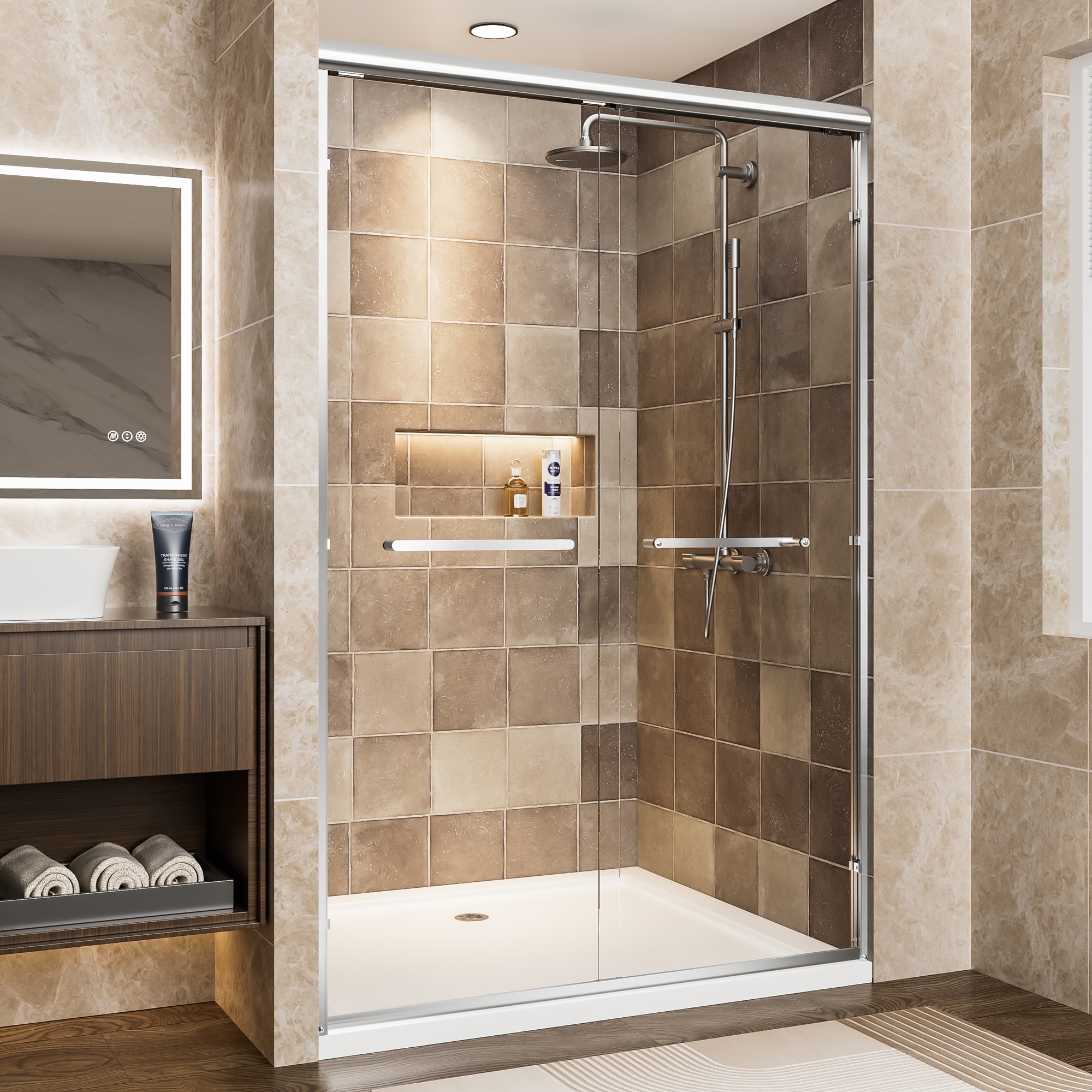 FAVSH  44-48 in W x 72 in H Chrome Aluminum Frame Double Sliding Shower Door 1/4 in (6mm) Clear Tempered Glass With Chrome