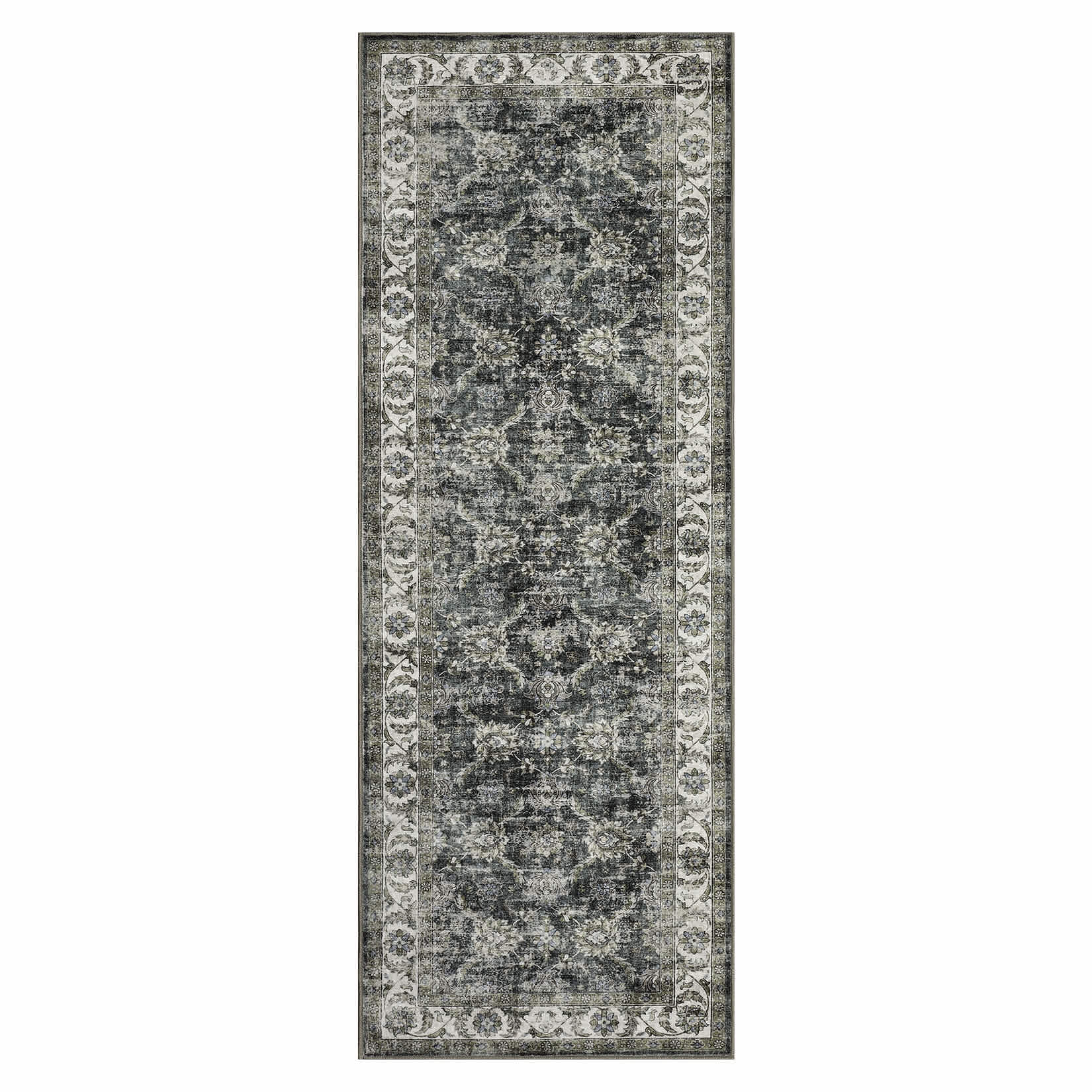 Qeetex LSN-PHO-34PVLGEH 2 x 6 ft Polyester Cashmere Imitation Gray Rectangular Hallway Bathroom Entryway Kitchen Office Foldable Flower Printed Persian Washable Area Rug