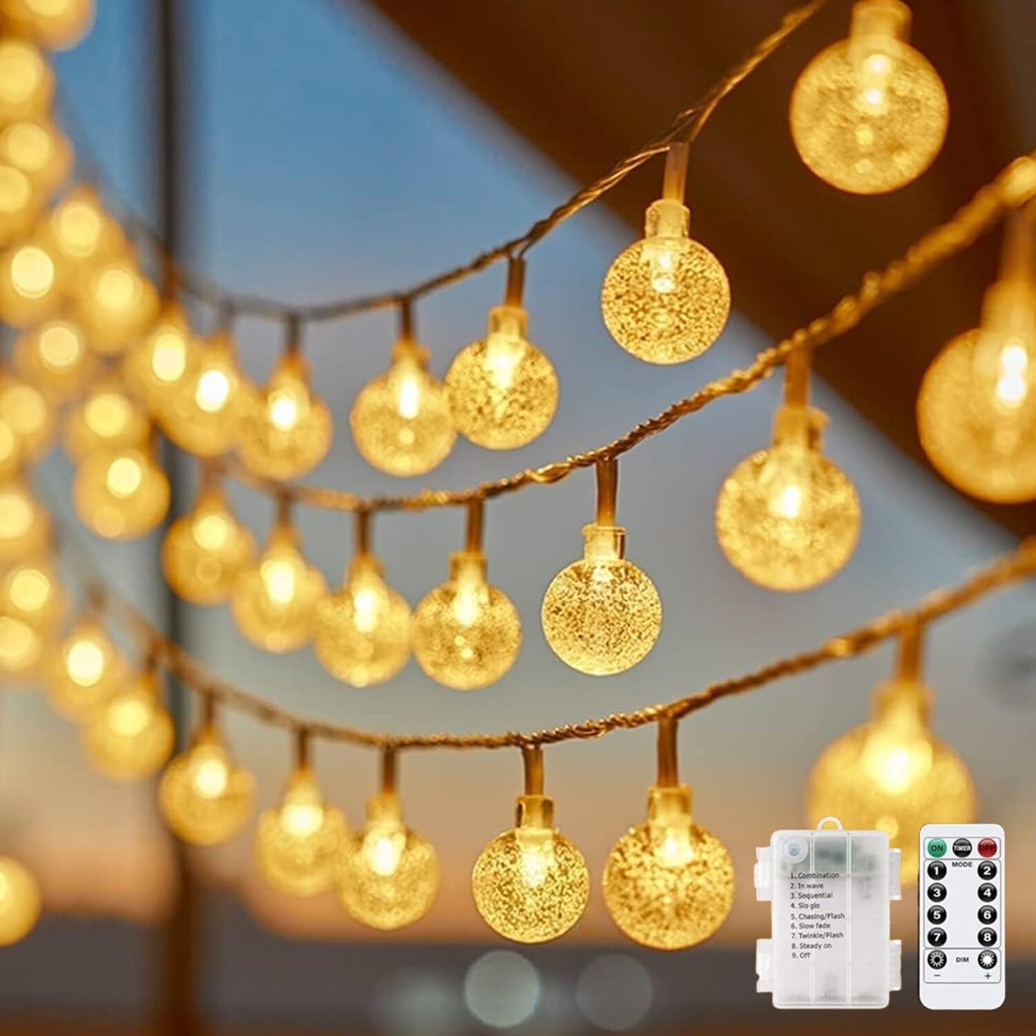 Afoxsos  Crystal Globe String Lights 33 ft 60 LED Fairy Lights with Remote 8 Lighting Modes Waterproof for Bedroom Tent Patio Porch Party Wedding