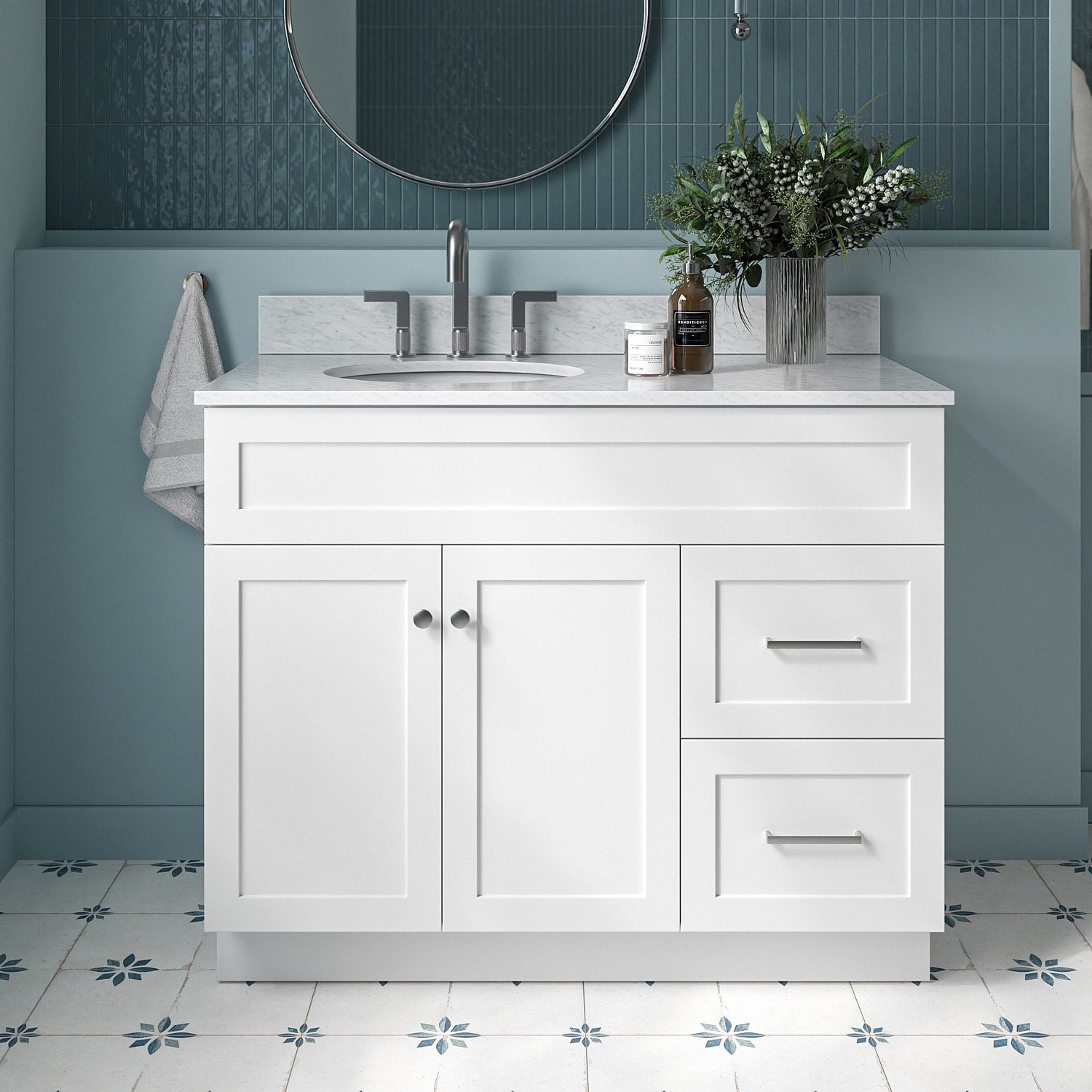ARIEL F043SLCW2OVOWHT Hamlet 43-in White Undermount Single sink Bathroom Vanity with 0.75" Carrara White Marble Natural marble Top