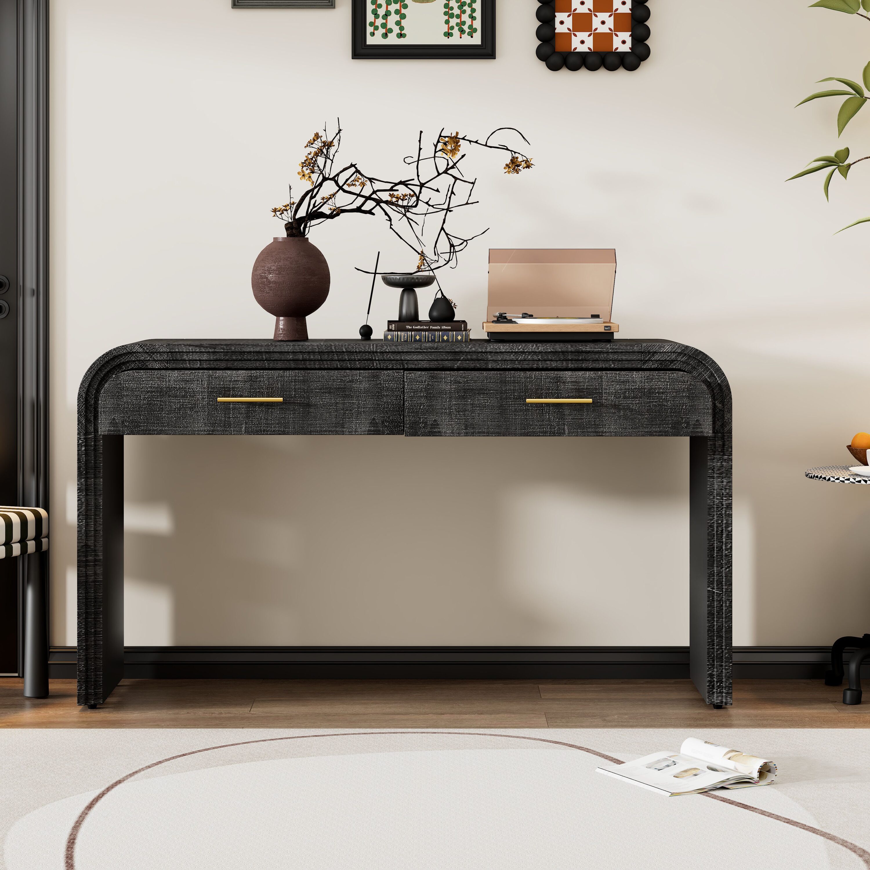 Vynxaria LESX1715DJXGZCT030 Unique Retro Silhouette Console Table with Open Style  Two Top Drawers for Entrance  Dinning Room  Living Room (Antique Black)