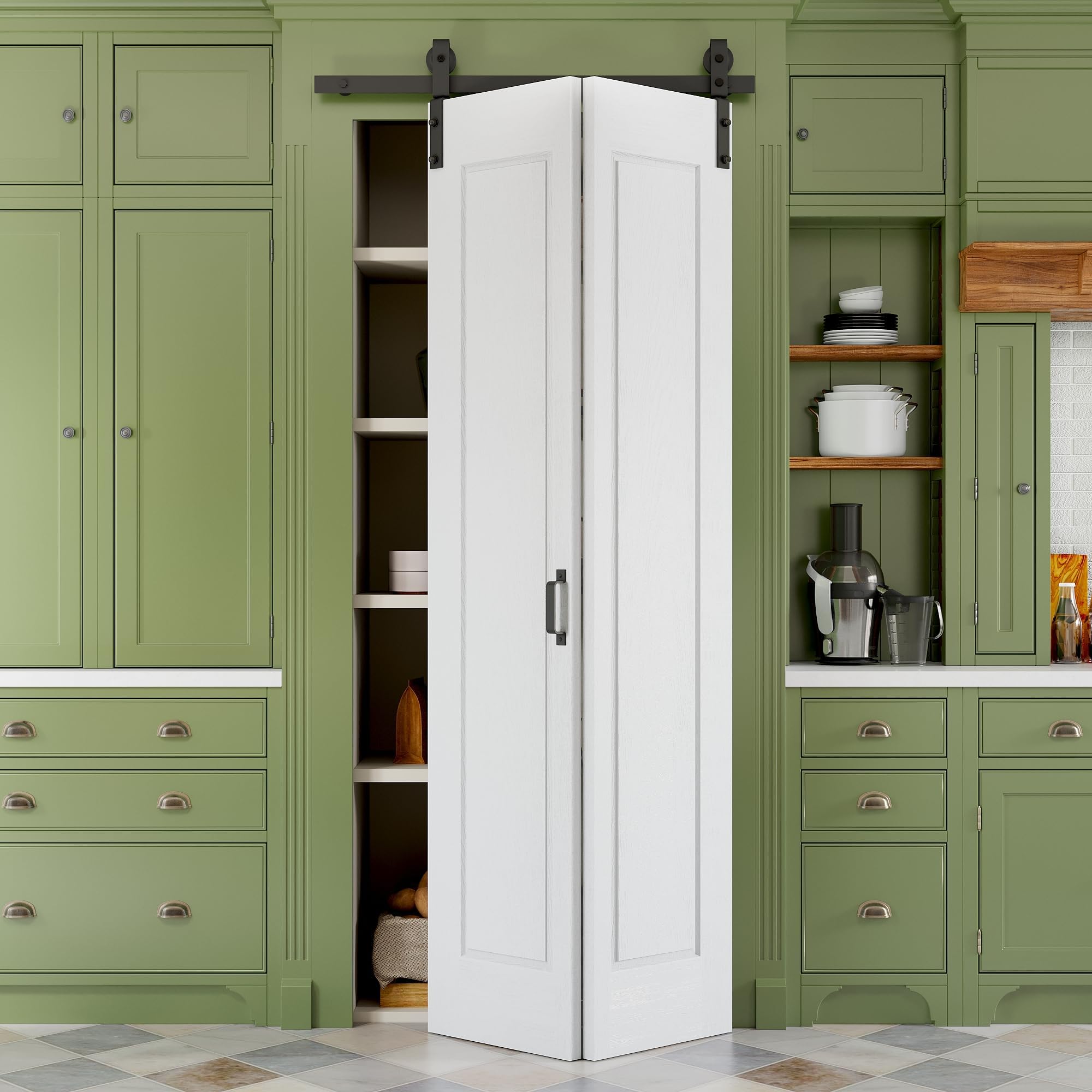 UUDULY  36 by 84 Paintable Bifold Barn Door with 40 Track and Handle 1 Raised Hollow Panel No Assembly Required Pre Drilled Holes for Easy