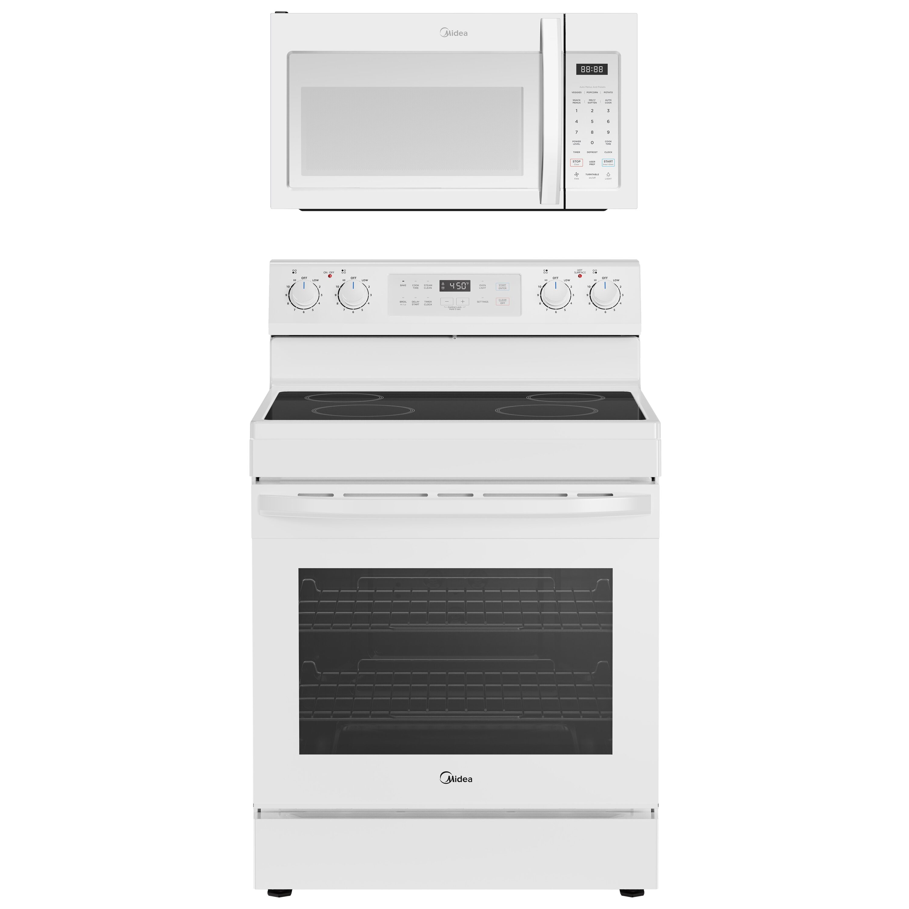 Midea  Midea 30-in Glass Top 4 Burners 6.3-cu ft Steam Cleaning Freestanding Electric Range with 1.7-cu ft 1000-Watt 29.88-in Over-the-Range Microwave (White)