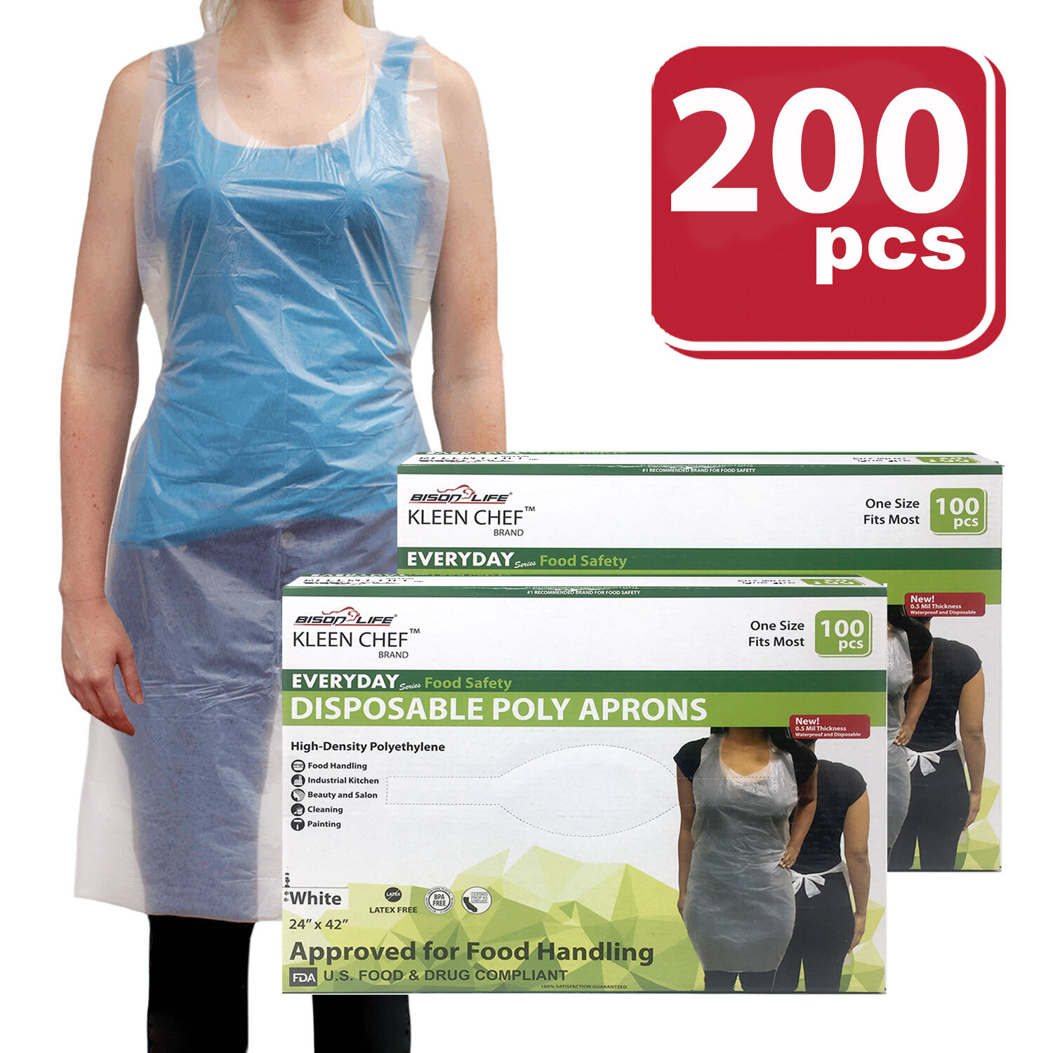 BISON LIFE BLKC-ESPE-AP1W-200 24 X 42 Inch, Disposable Food Handling Light Poly White Aprons, Wide Neck, Water Resistant, (Pack Of 200)