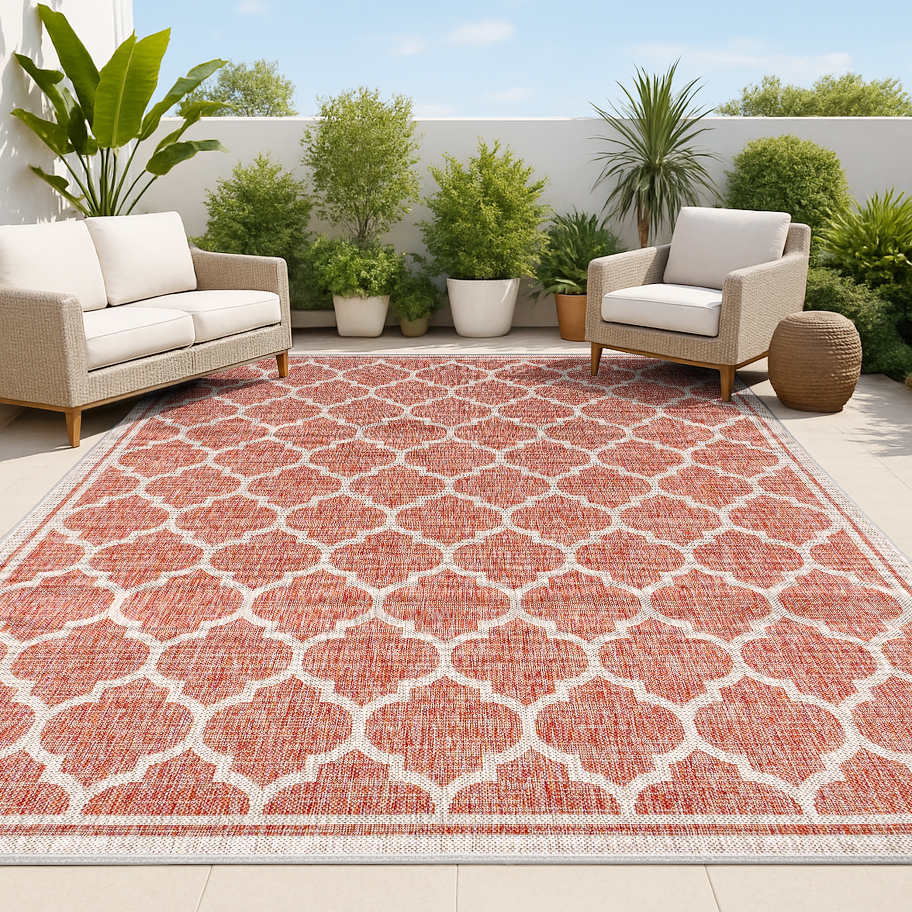 JONATHAN  Y SMB109C-8 Santa Monica Trebol Filigree Textured Weave 8 x 10 (ft) Loomed Polypropylene Red/Beige Rectangular Indoor/Outdoor Distressed/Overdyed Coastal Area rug
