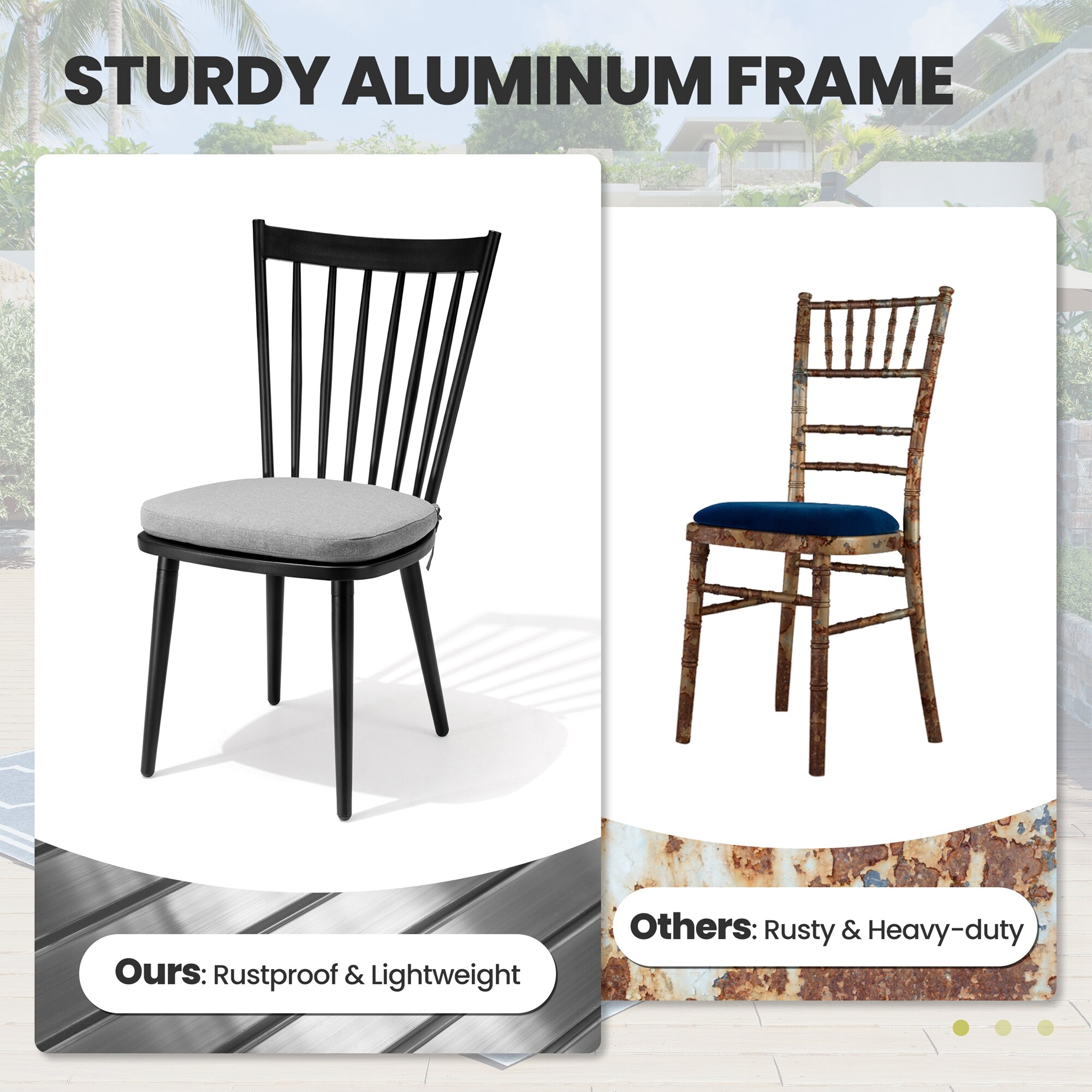 Black Aluminum Armless Dining Chairs with Cushions, Set of 2