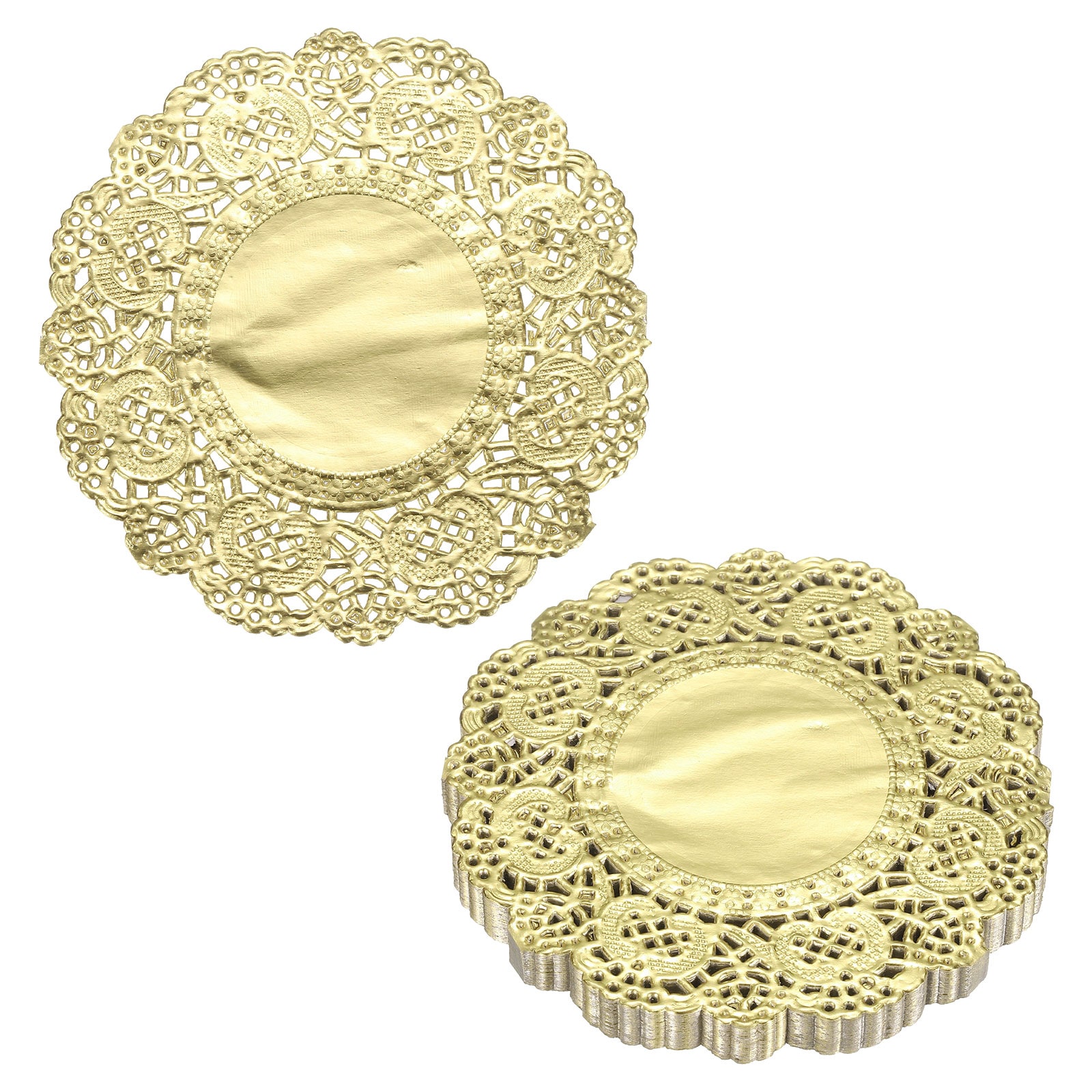 Harfington 200pcs Lace Paper Doilies 3.5 Inch Gold Round Disposable Decorative Paper Placemats Hollow Flower Absorbing Papers for Cakes Desserts Food Decoration Wedding Birthday