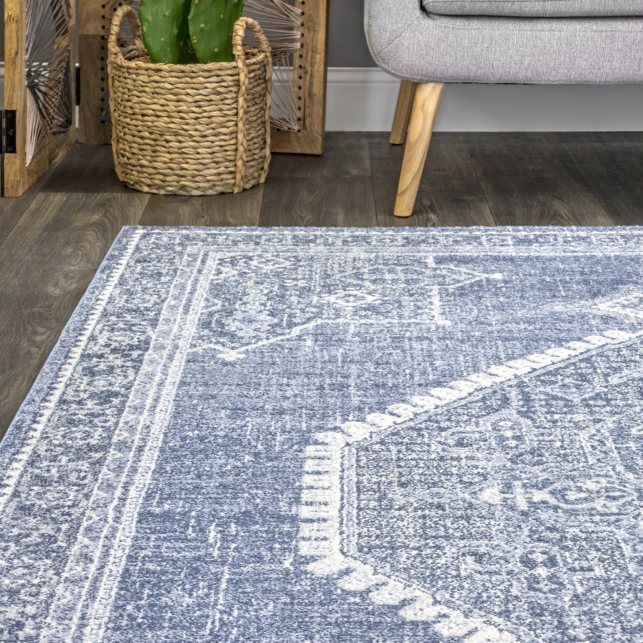 Reversible Blue Synthetic 4' x 6' Rectangular Area Rug