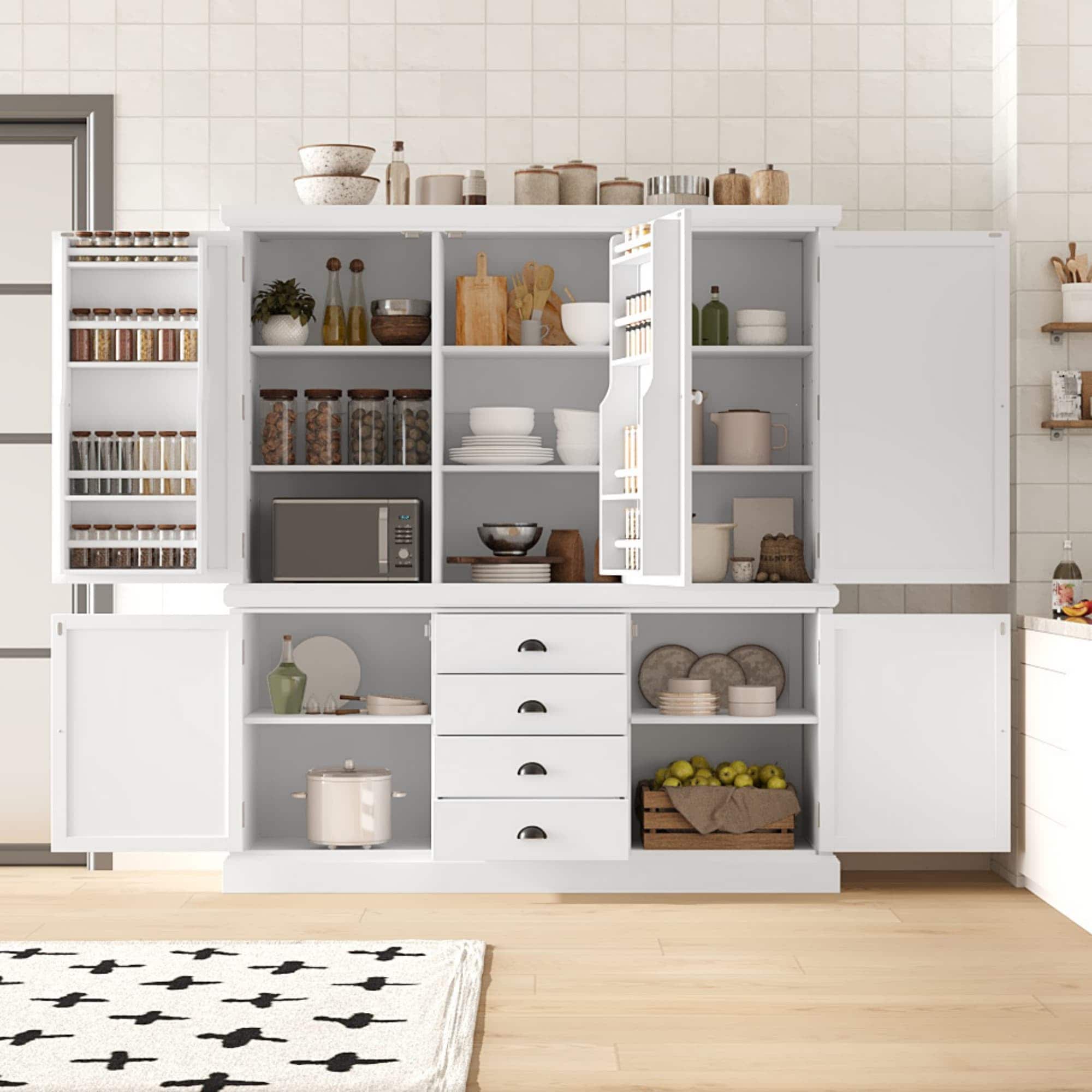 Maison Boucle White Kitchen Pantry Cabinet with Enclosed Shelves and Drawers for Hidden Storage in Dining Room
