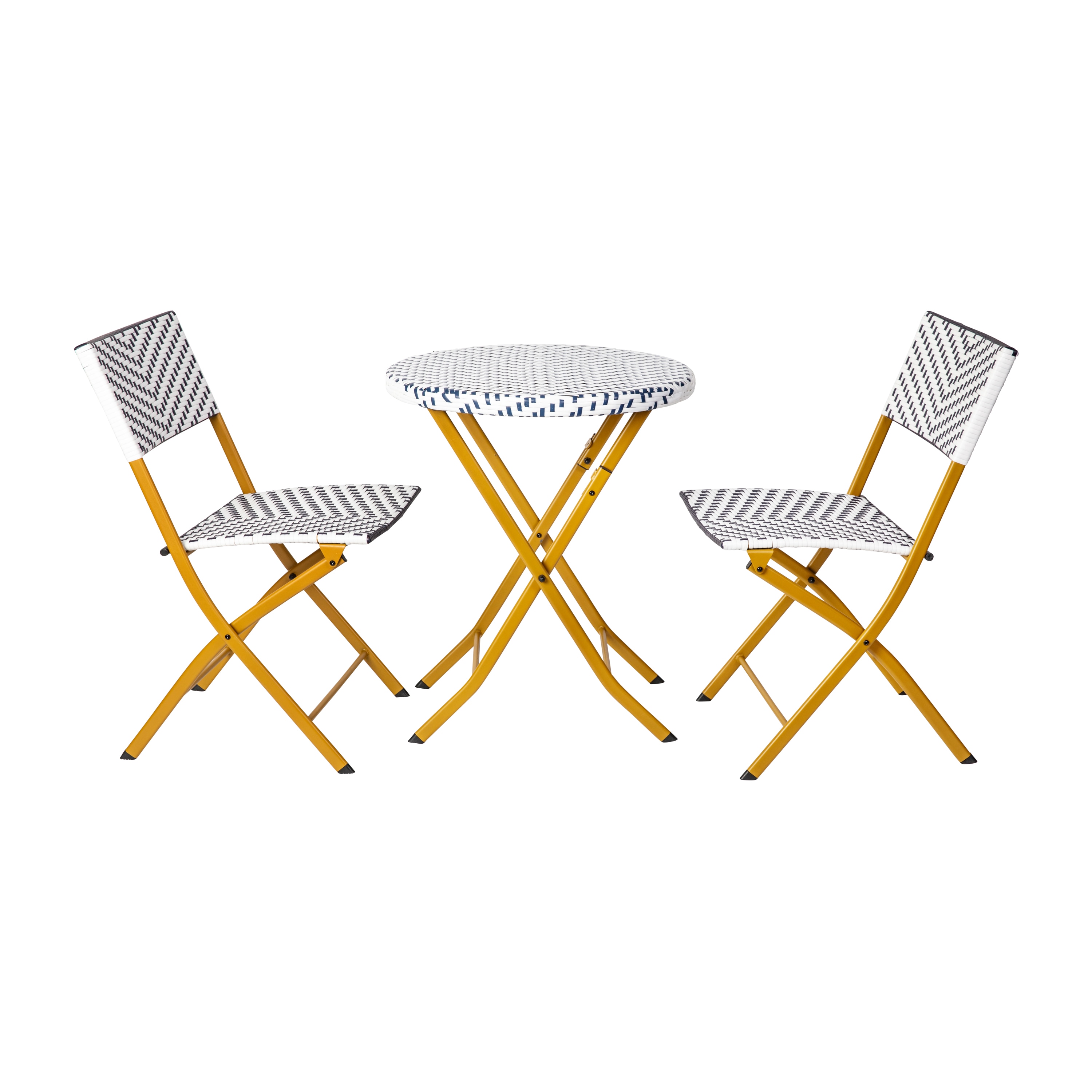 Flash Furniture 196861086489 Rouen Three Piece Commercial Grade Foldable Bistro Set; Indoor/Outdoor PE Rattan Back; Seat and Table Top; Navy/White with Natural Steel Frames