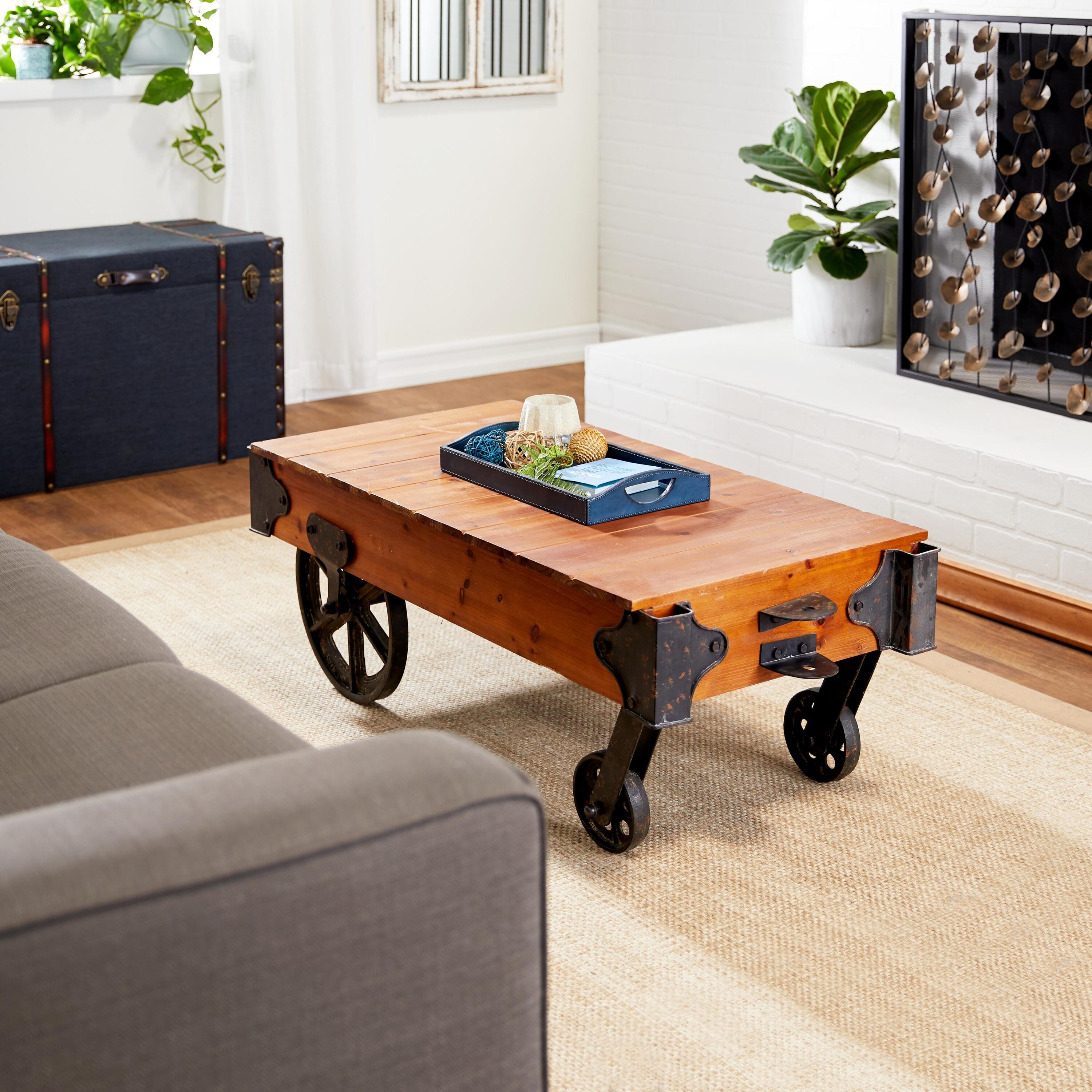 Grayson Lane 56137 16" Pallet Inspired with Wheels Fir Wood Industrial Coffee Table
