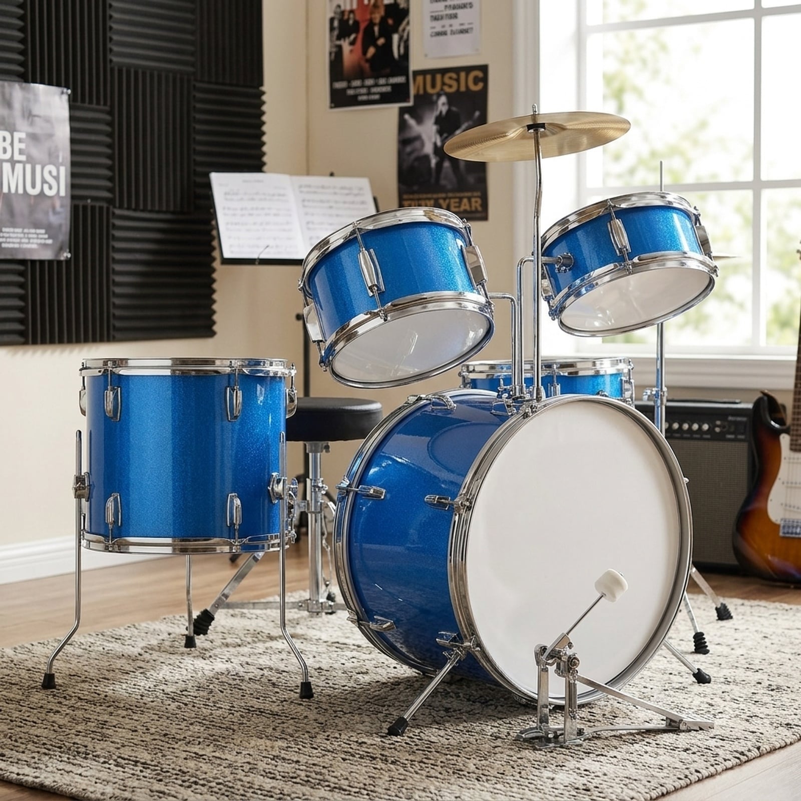 GIVIMO - Kids Drum Set 3-Piece 14-in Junior Beginner Drum Set with Adjustable Throne Cymbal and 2...
