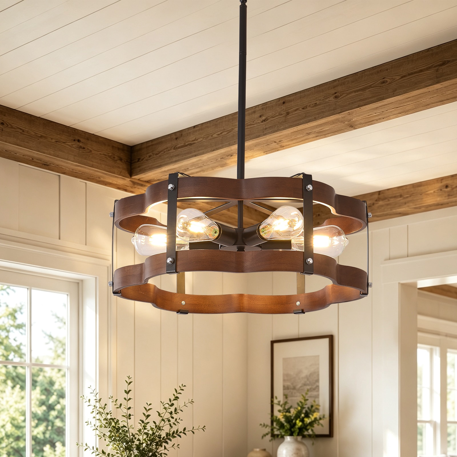 xersbav Rustic Wood Chandelier Farmhouse Modern Drum Chandeliers Country Retro Pendant Light Wooden Frame Height Adjustable 6 Light for Dining Room Living Room Kitchen Island Foyer