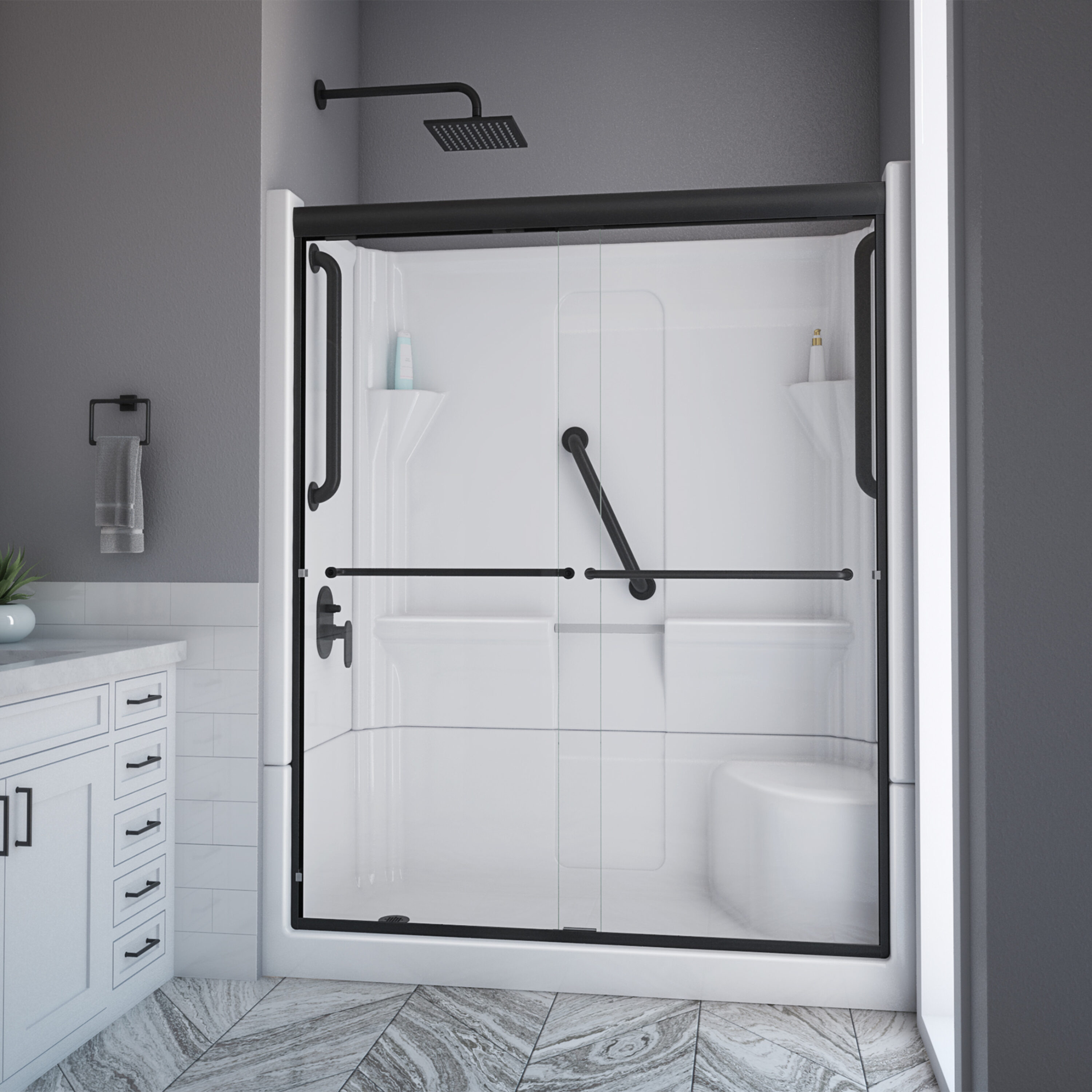 Laurel Mountain 6030SH1S4PSRWM1 Almedia 5 -Piece 30-in W x 60-in L x 74-in H Alcove shower kit ( Left Drain) with Integrated Seat Base, Wall, Door and Drain Included Black Hardware Included