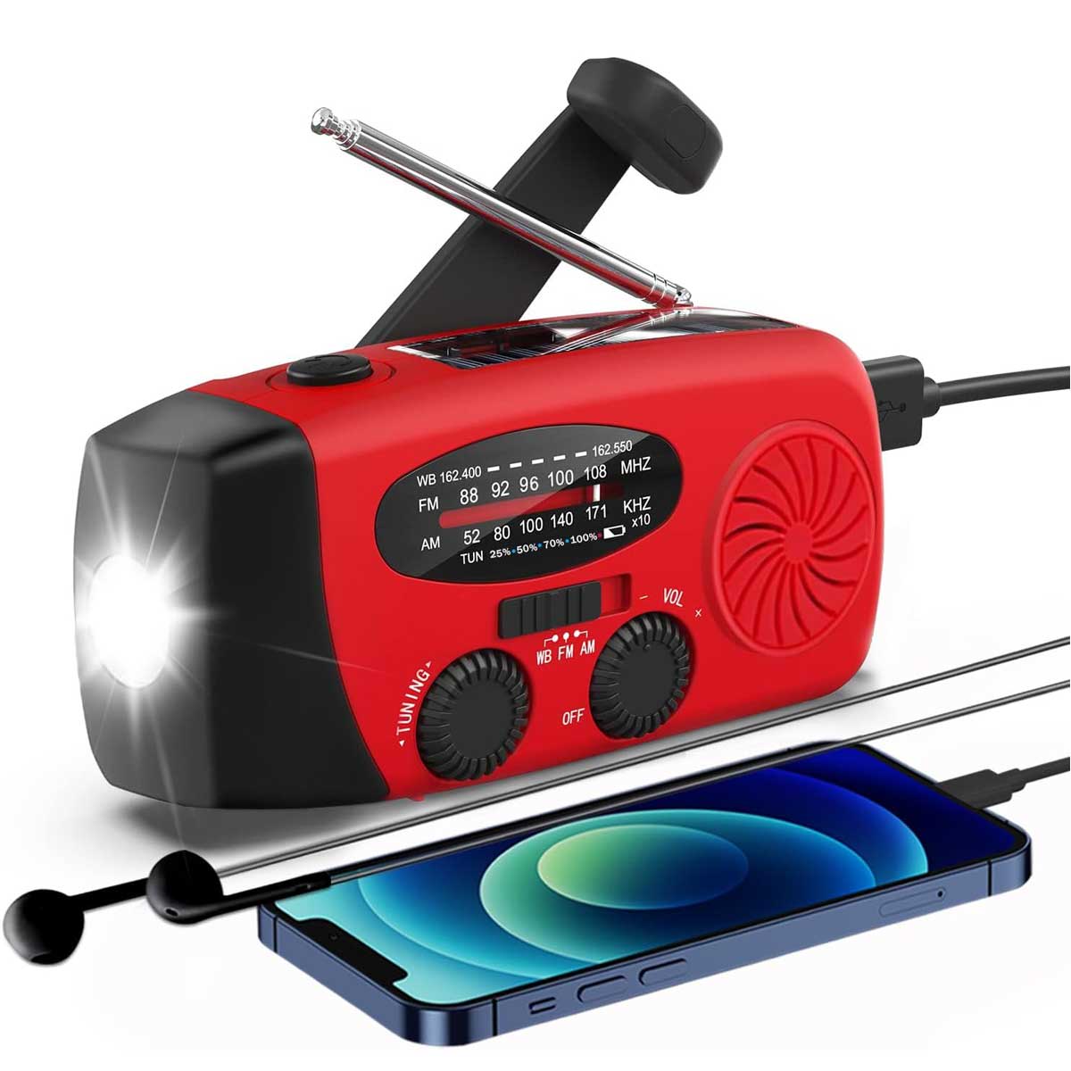 Aoibox LAWR0917028 Solar Emergency Hand Crank NOAA Weather Radio with AM FM USB Phone Charger 3 LED Flashlight SOS Alarm for Camping Power Outage Survival Gear