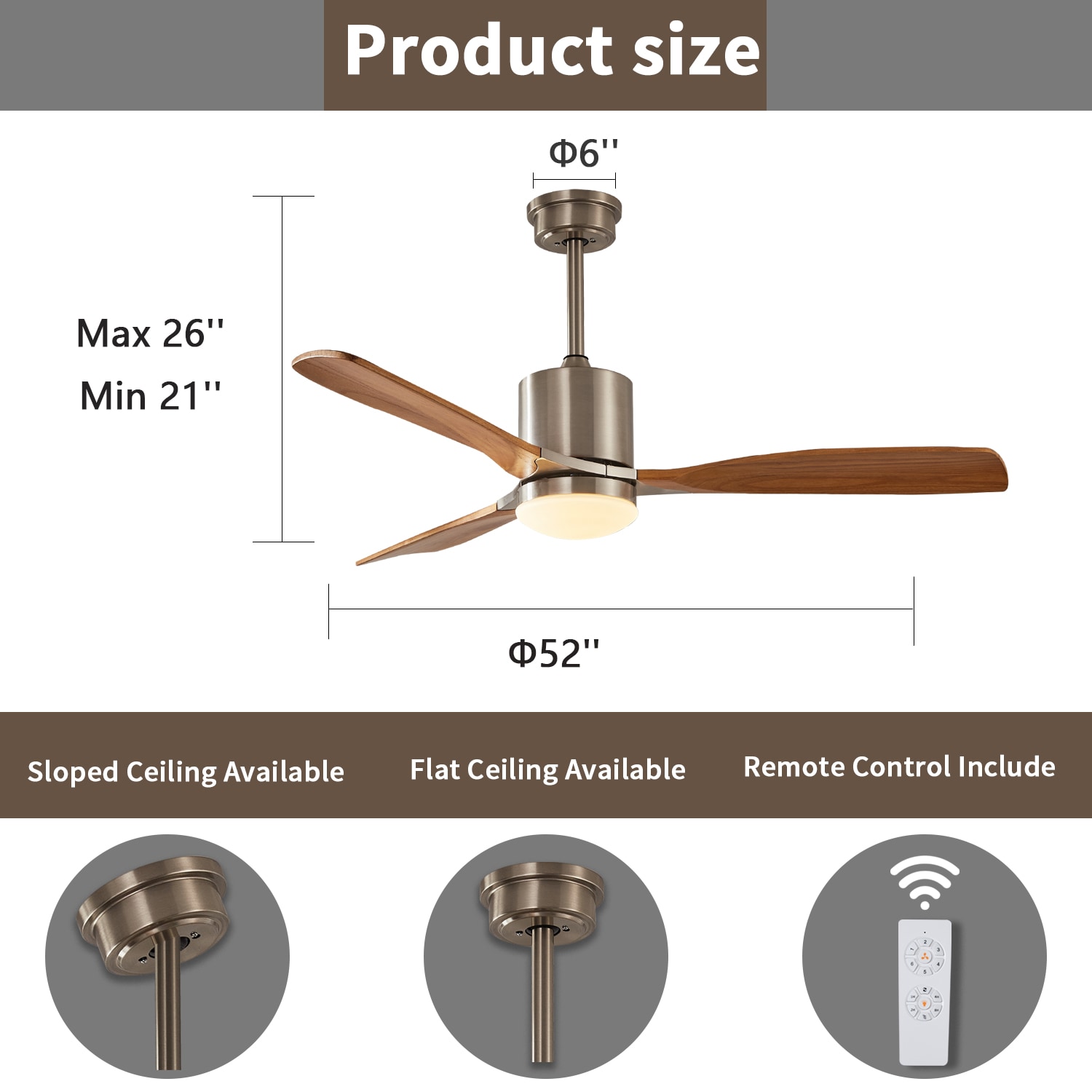 Forclover 52in 3 Light Brown Blades Ceiling Fan 52in Wood Color