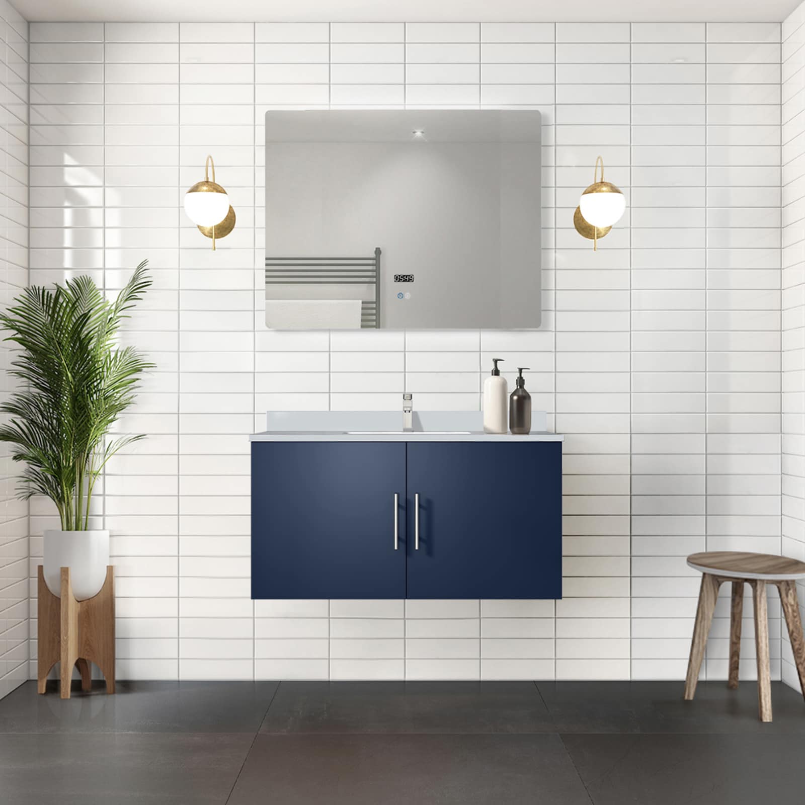 Geneva 36" Navy Blue Floating Bathroom Vanity with White Quartz Top
