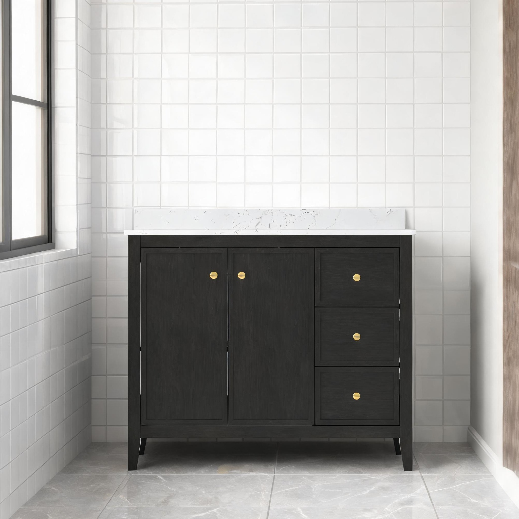 Watnature Bathroom Matte Black Wood Wall-Mount Single Sink Vanity Modern Minimalist Style with Carrara Engineered Marble Top