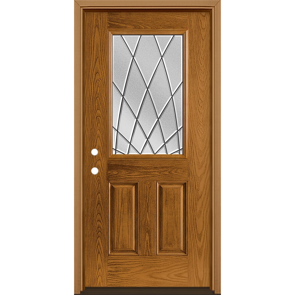 Masonite 3423376 Ventata 36-in x 80-in x 4-9/16-in Fiberglass Half lite Right-hand inswing Oakcrest Stained Prehung Single door Front Door with Brickmould Insulating core Decorative glass